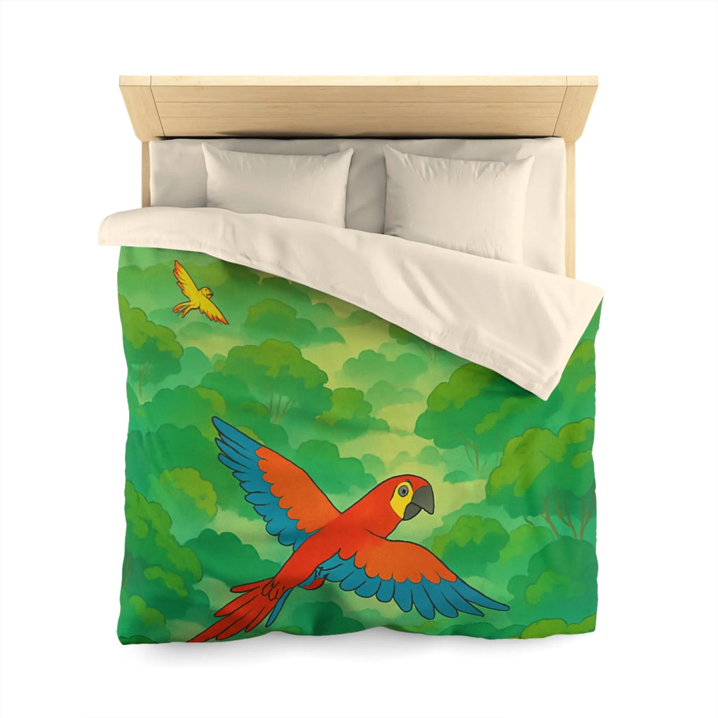Housse de Couette Colorée Tropicale avec Perroquets et Paysage de Forêt Exotique