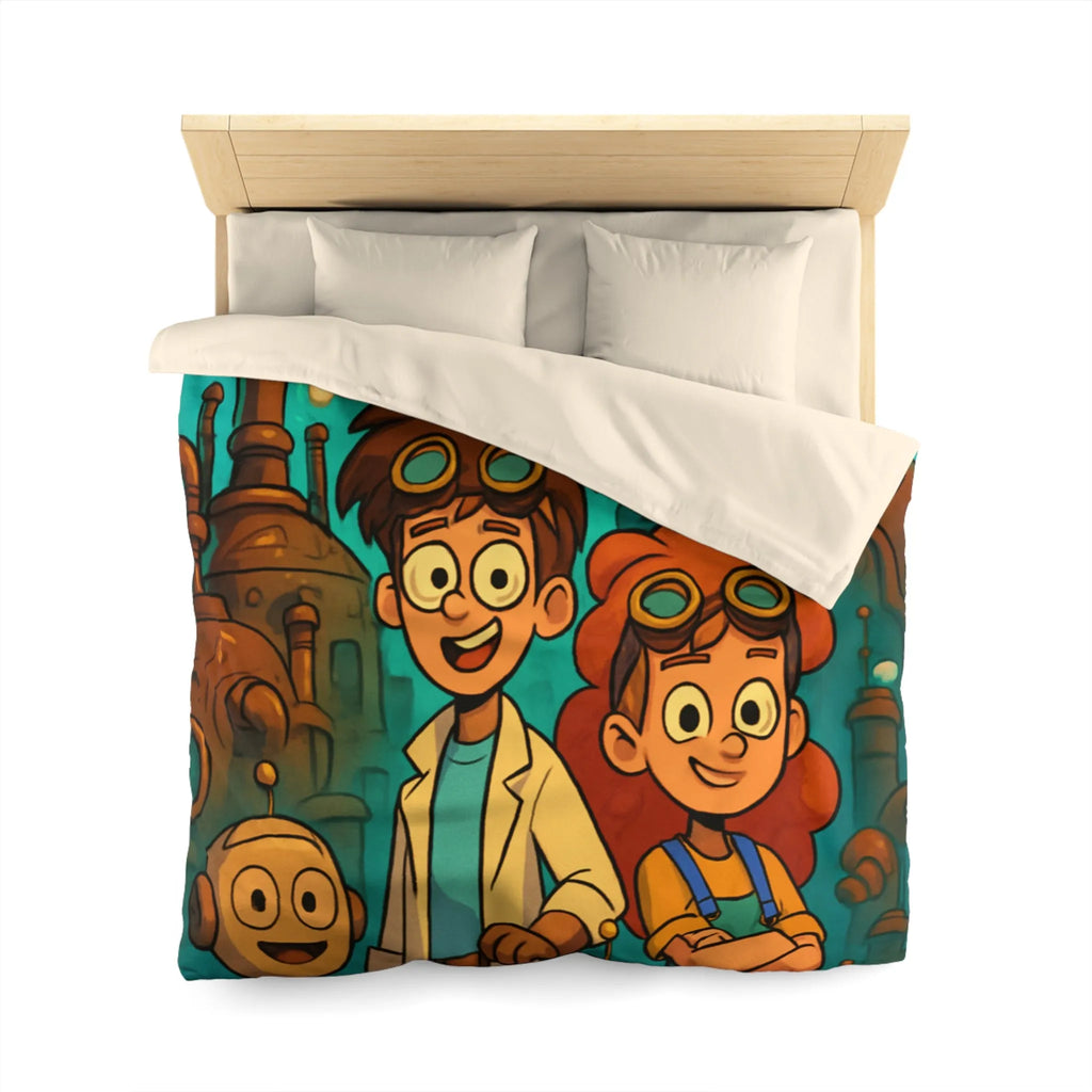 Exploration robotique en atelier steampunk coloré avec jeunes inventeurs et machines futuristes