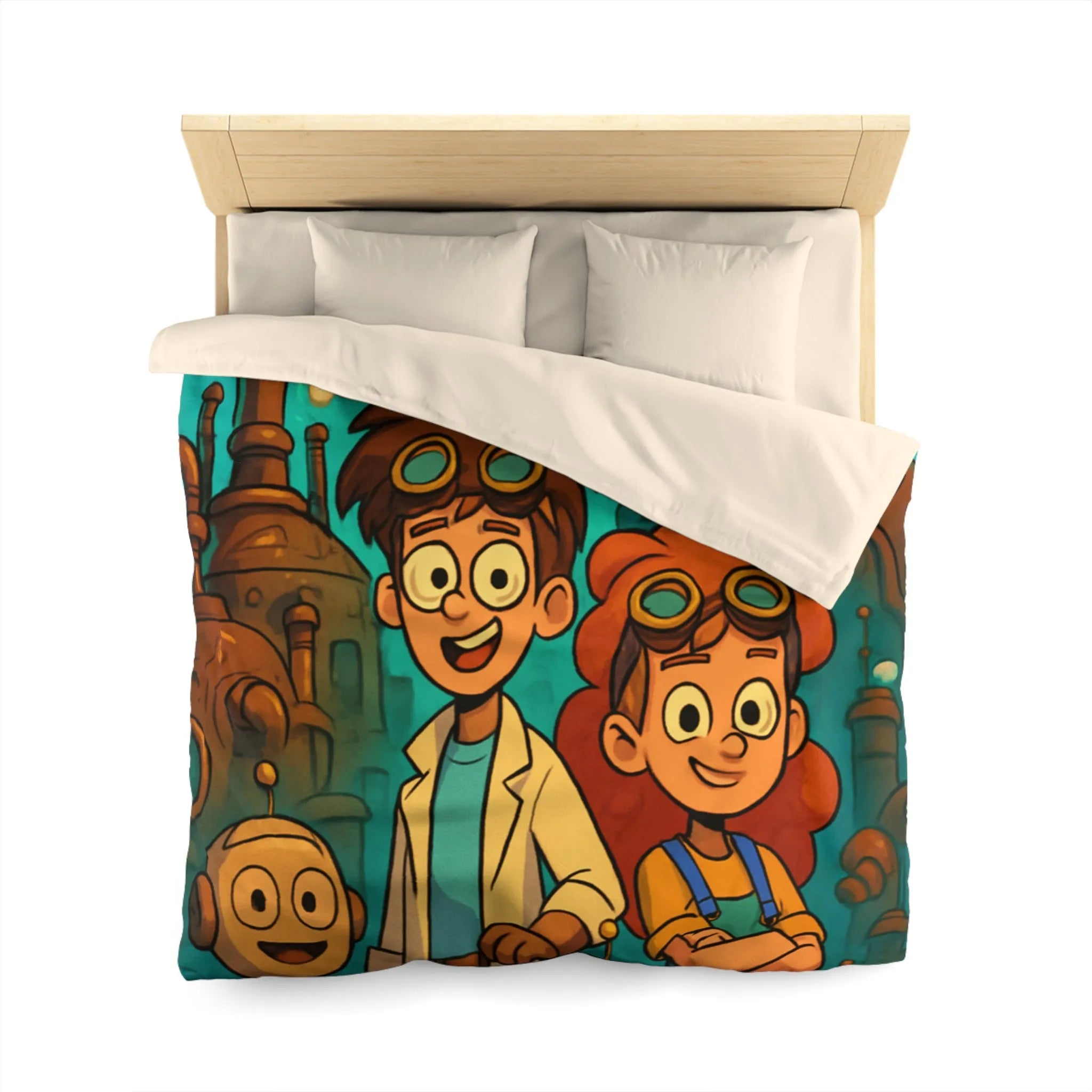 Exploration robotique en atelier steampunk coloré avec jeunes inventeurs et machines futuristes