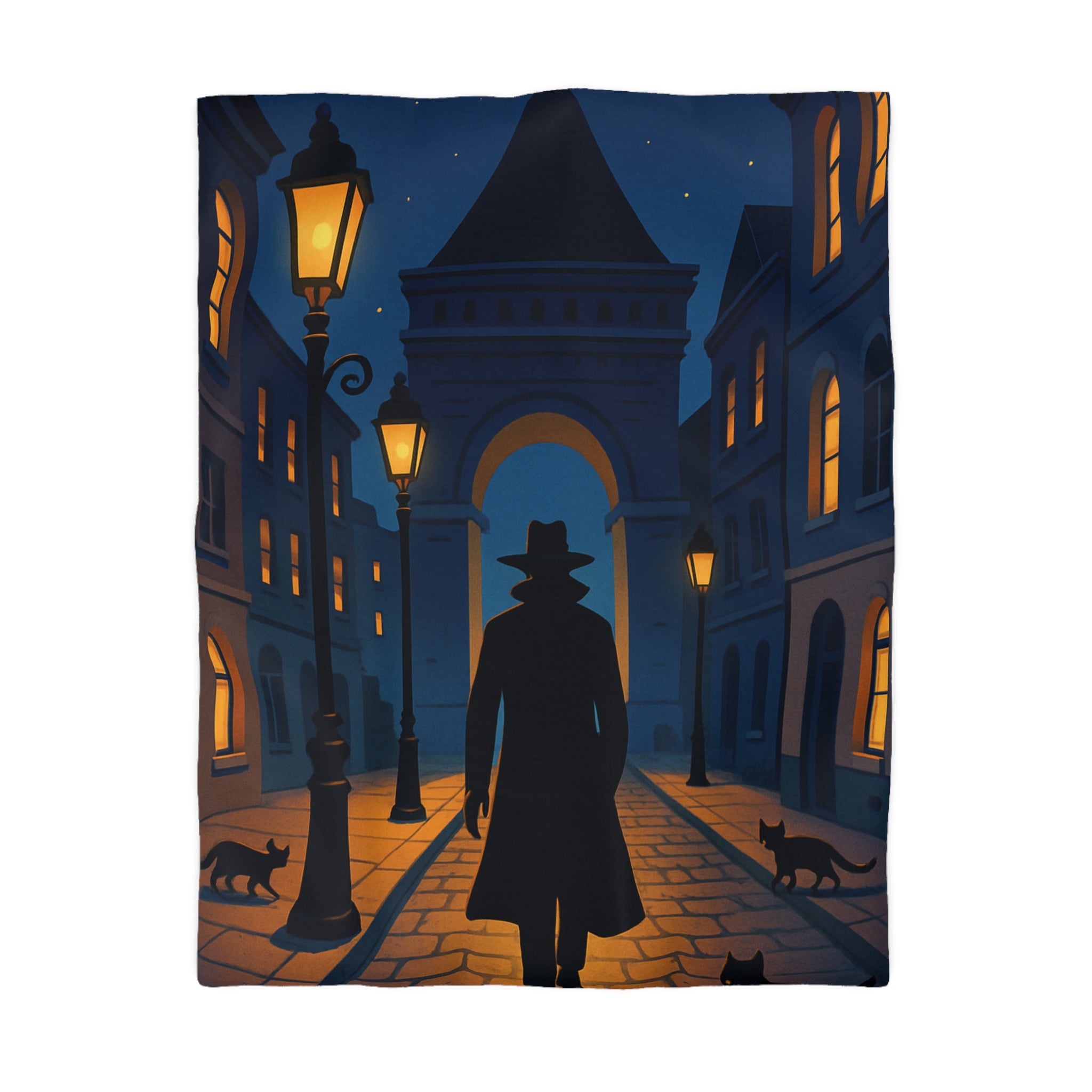 Housse de couette noire mystérieuse, silhouette d'homme avec chats et lampadaires nocturnes