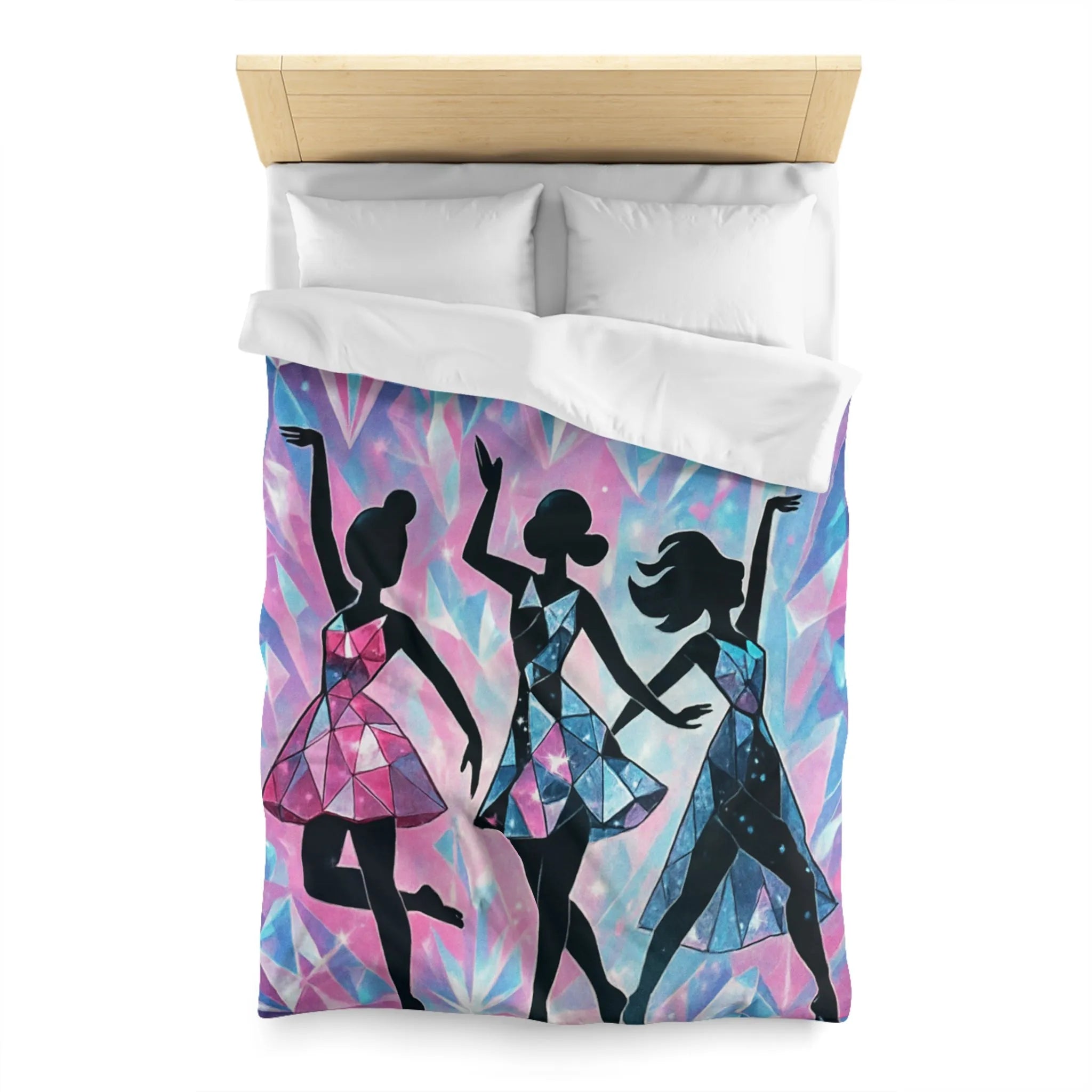 Élégantes silhouettes de danseuses avec motifs géométriques sur fond cristallin scintillant