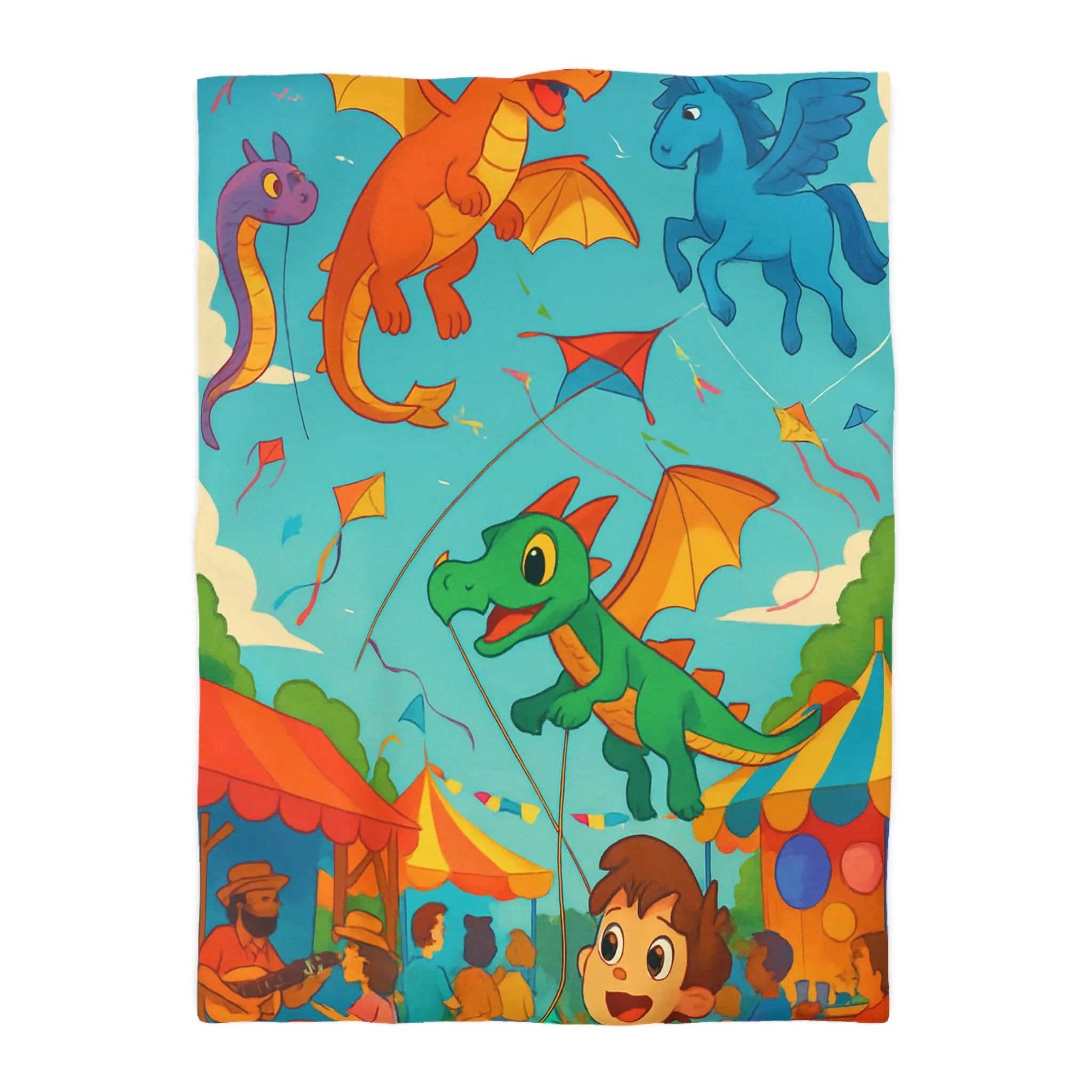 Envolée de cerfs-volants dragons et licorne sous un ciel bleu auberge festival