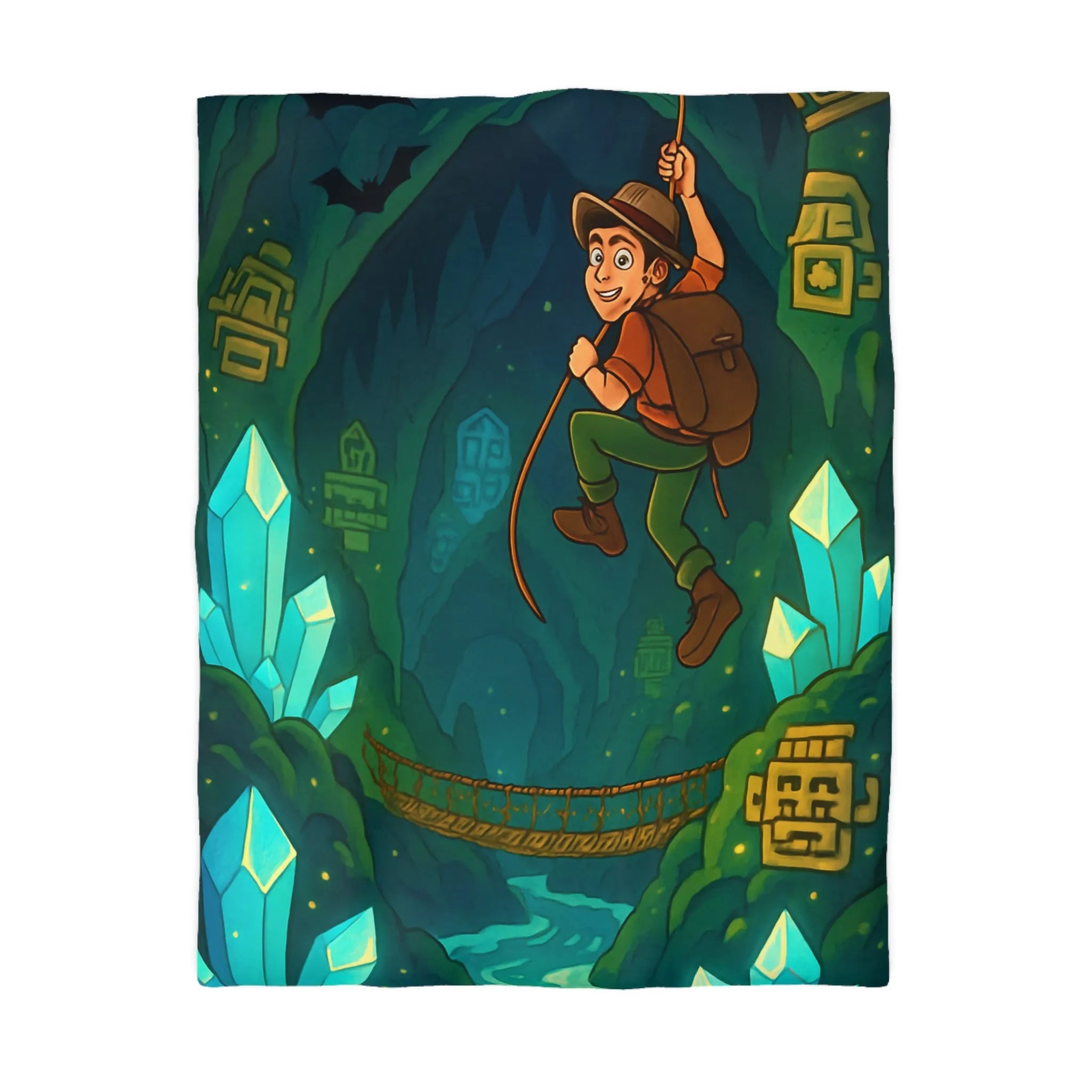 Explorateur suspendu dans une mystérieuse caverne remplie de cristaux et de mystères anciens