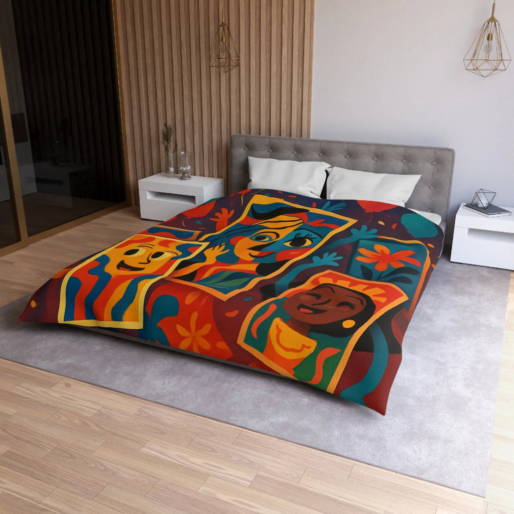 Housse de couette colorée comics avec motifs de fête et personnages joyeux