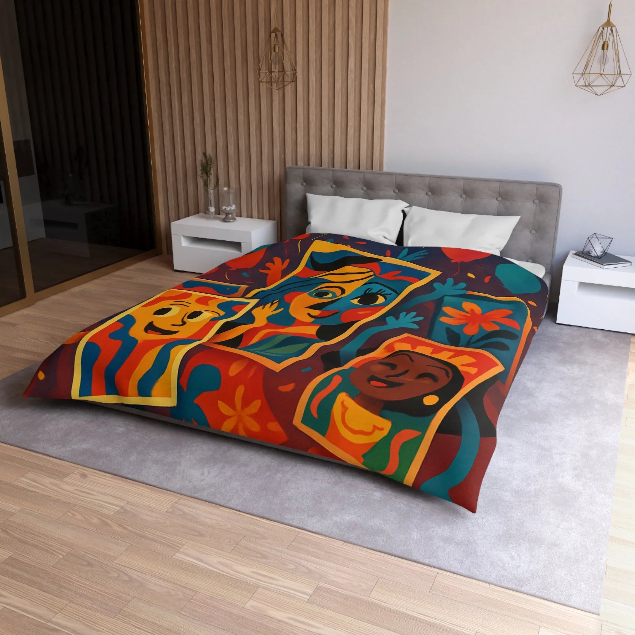 Housse de couette colorée comics avec motifs de fête et personnages joyeux