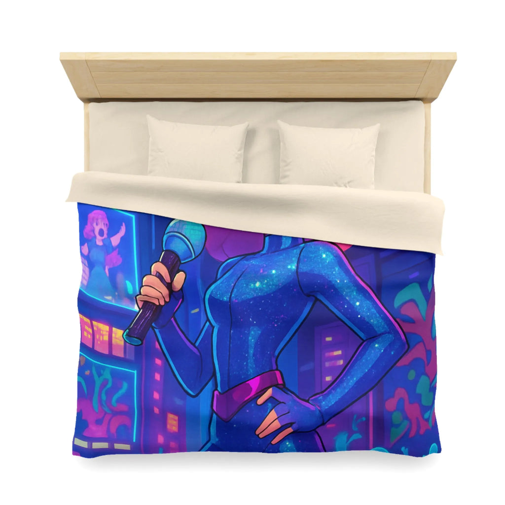 Housse de couette avec chanteuse animée en concert sur fond de ville illuminée