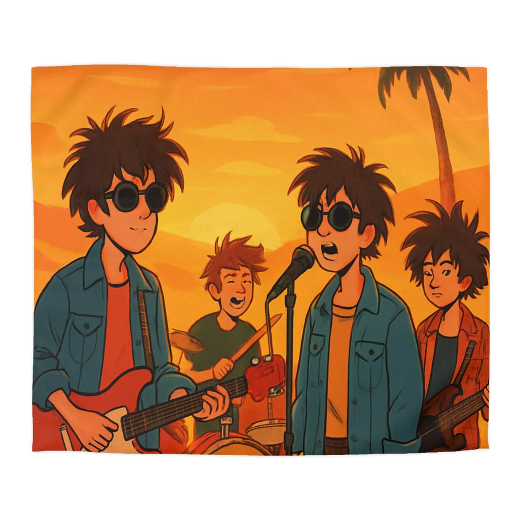 Housse de couette ensoleillée avec musiciens, ambiance rétro pour chambres modernes et vintage