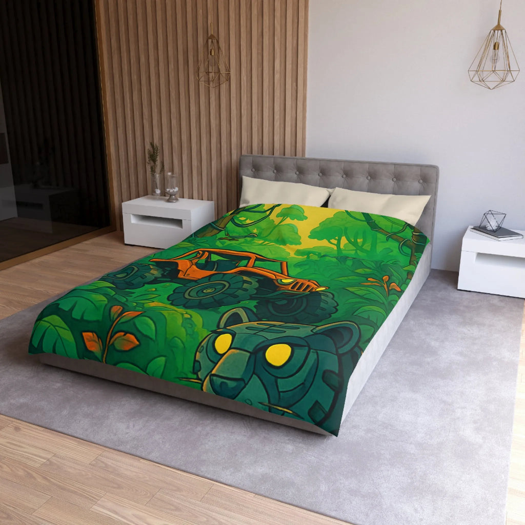Housse de couette jungle vibrante avec 4x4 orange et panthère mystérieuse