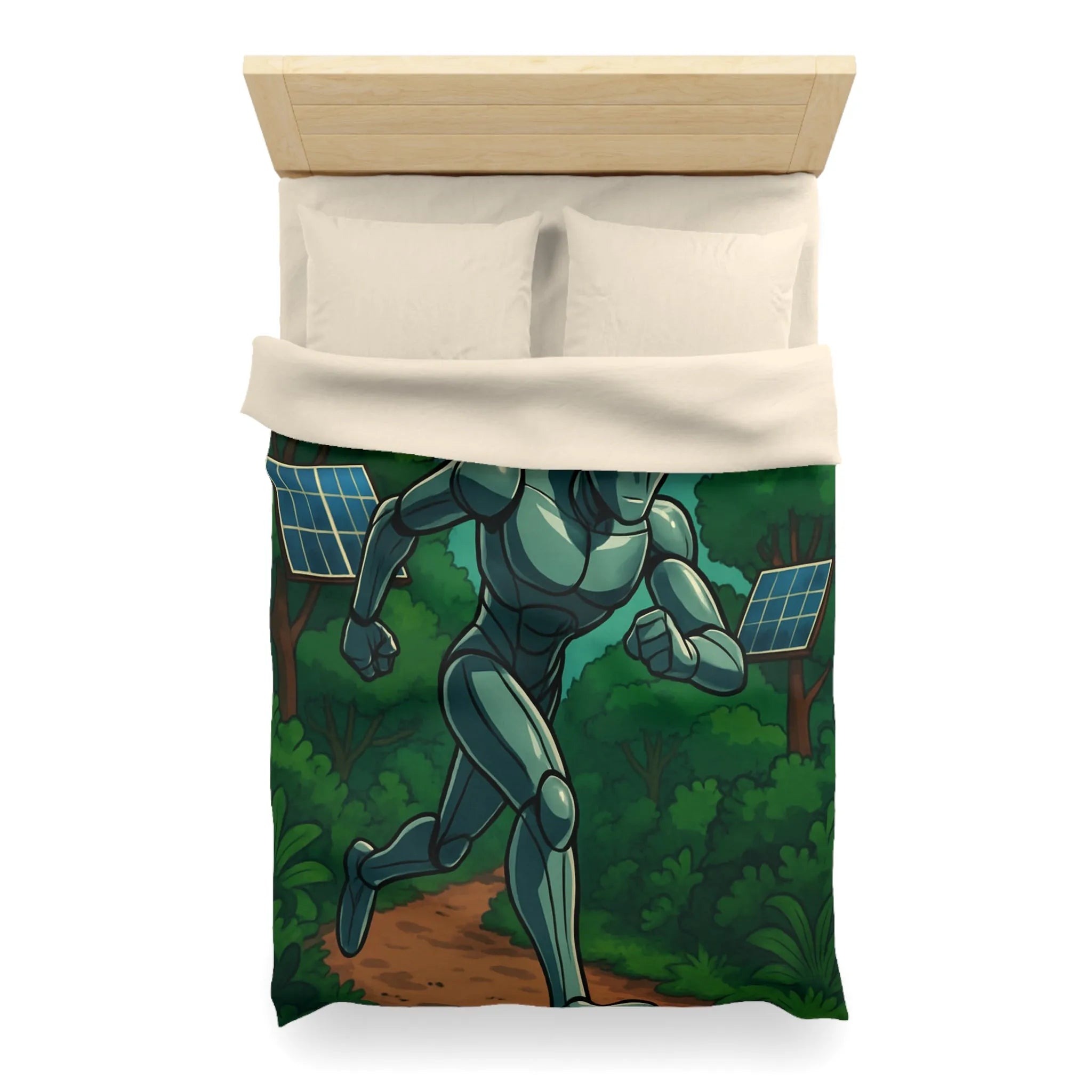 Housse de couette avec robot futuriste courant dans une jungle électrifiée et orageuse