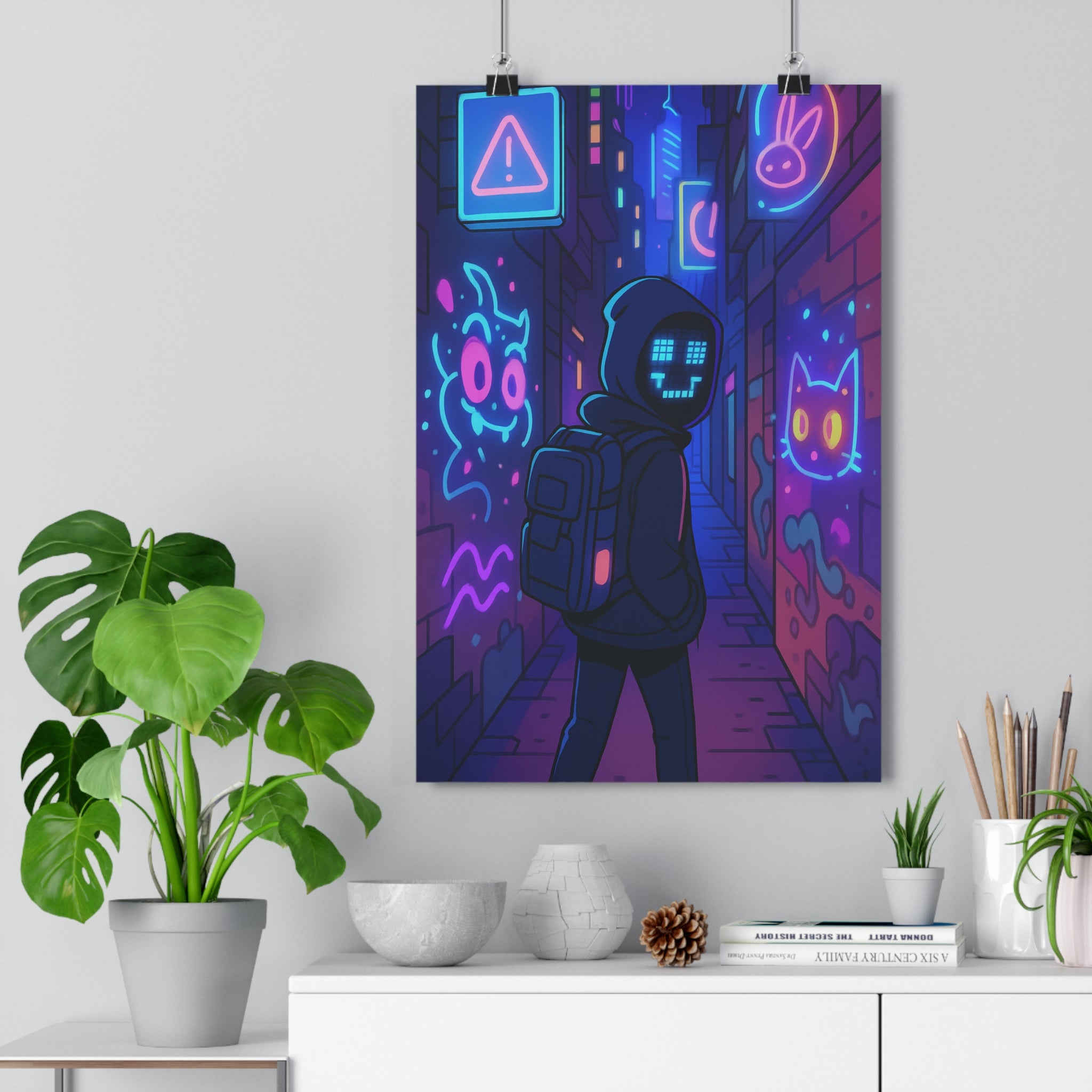 Poster décoratif moderne néon bleu rose violet chambre salon futuriste ambiance mystérieuse voyageur lumineux