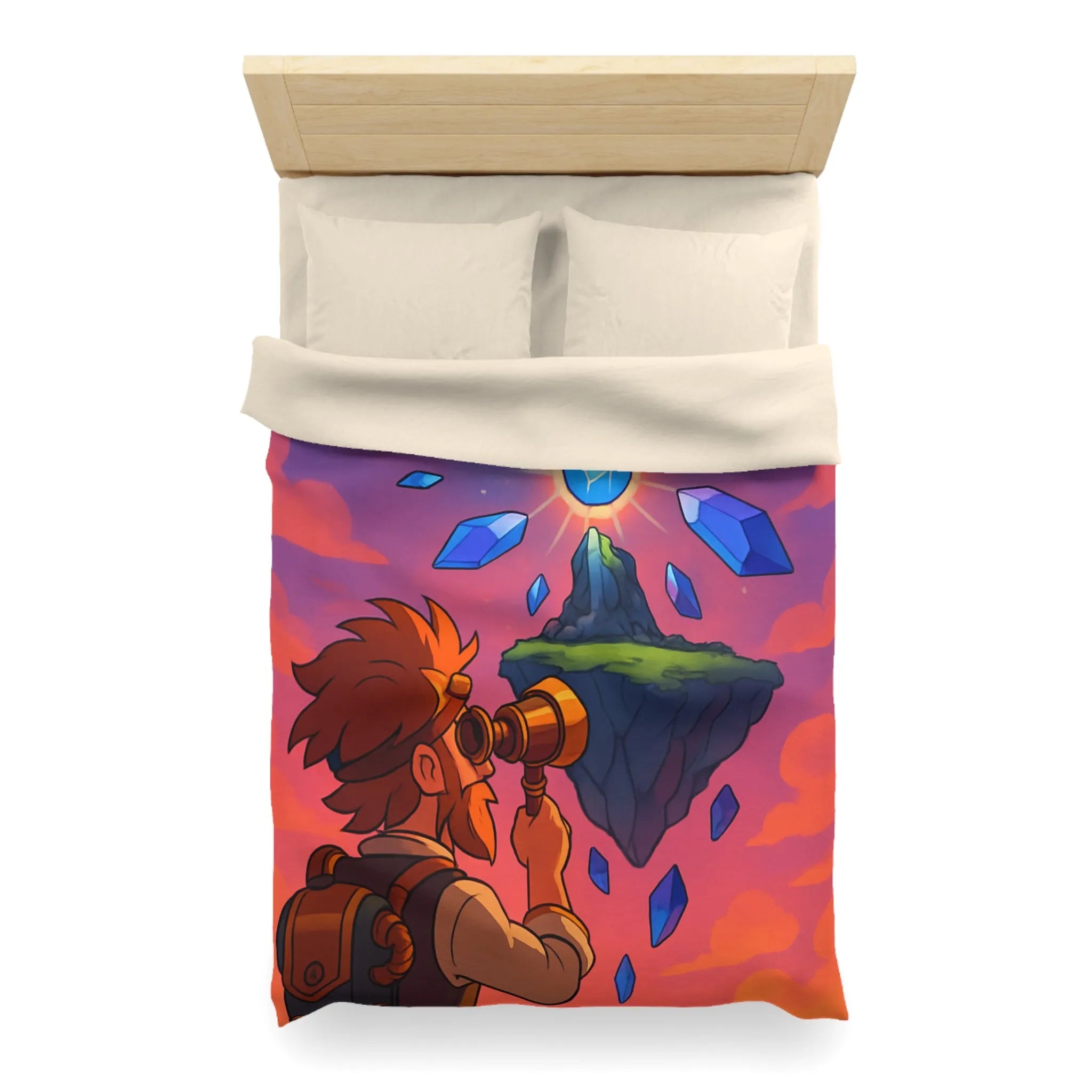 Housse de couette aventure fantastique avec cristaux flottants et scientifique explorateur