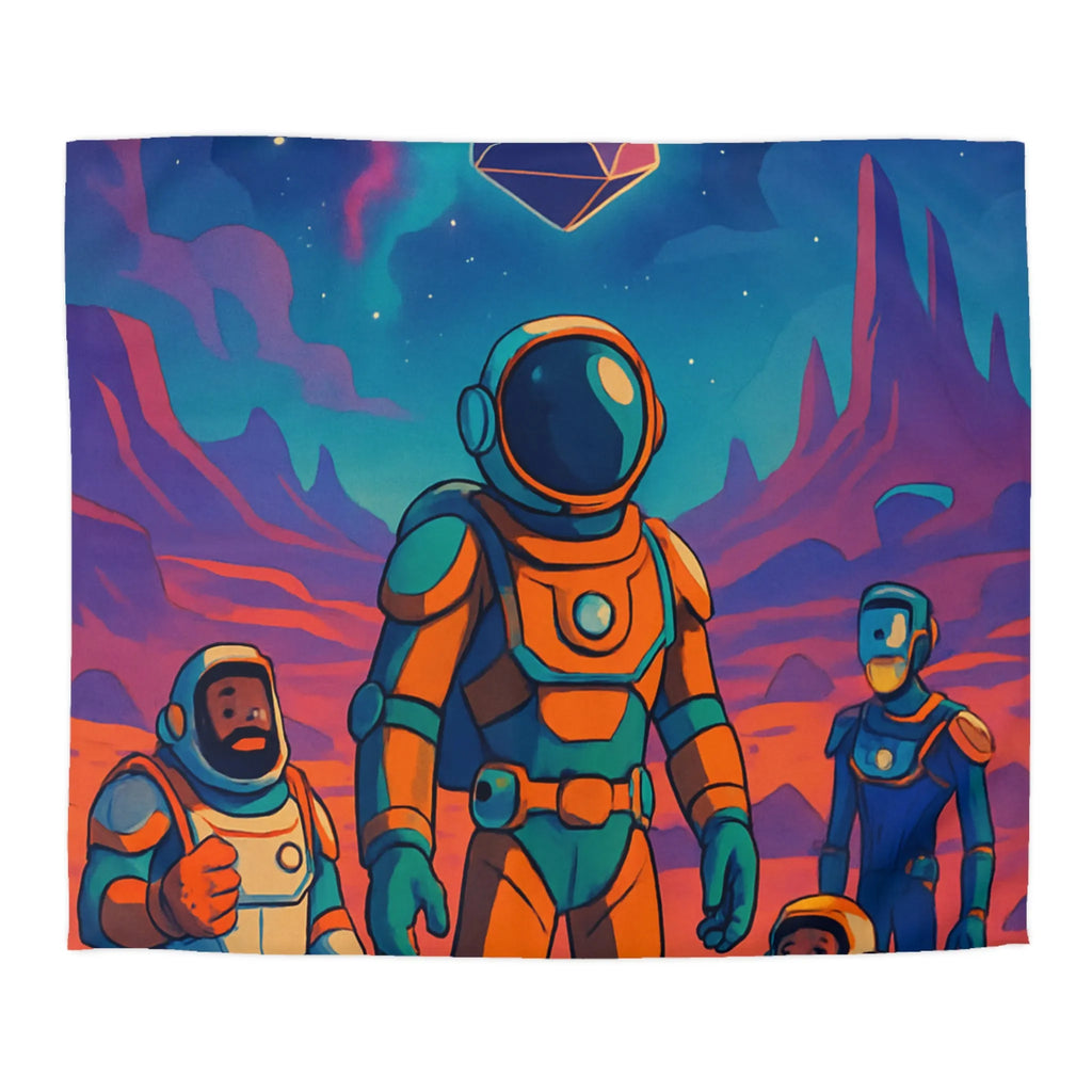 Housse de couette avec des astronautes et formes géométriques sous ciel étoilé coloré