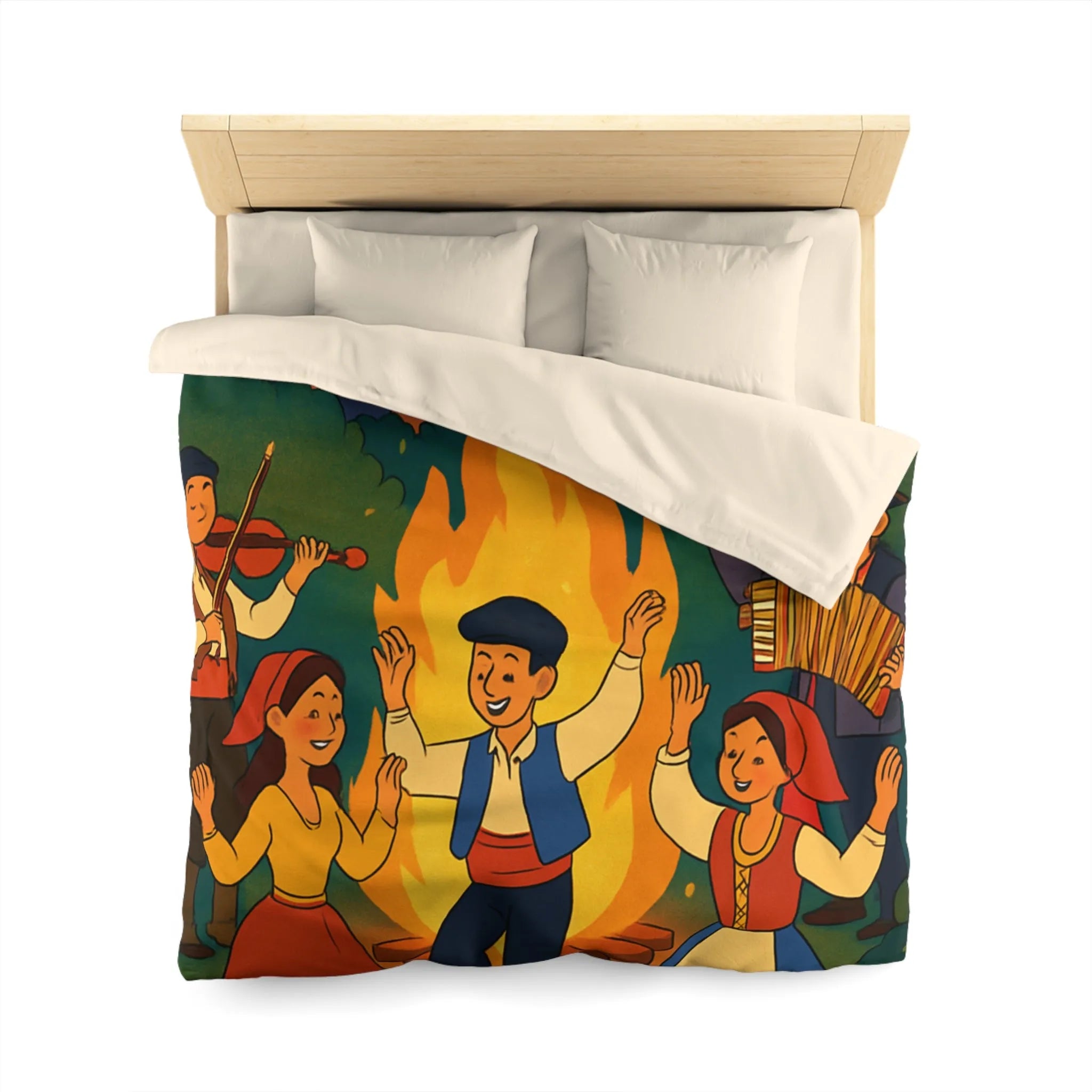 Housse de couette colorée danse folklorique autour du feu avec musiciens traditionnels