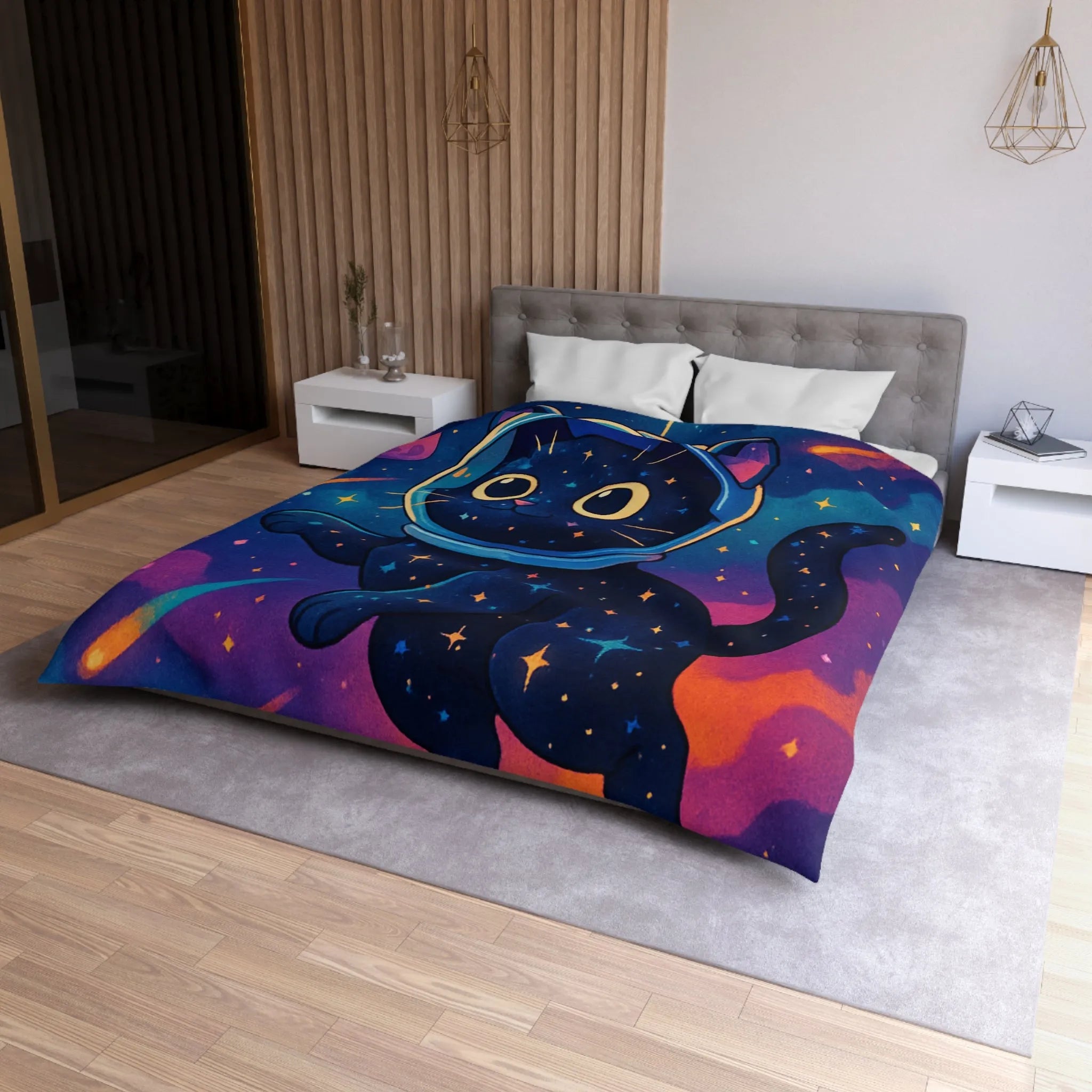 Housse de couette chat cosmique dans l’espace avec étoiles et planètes colorées