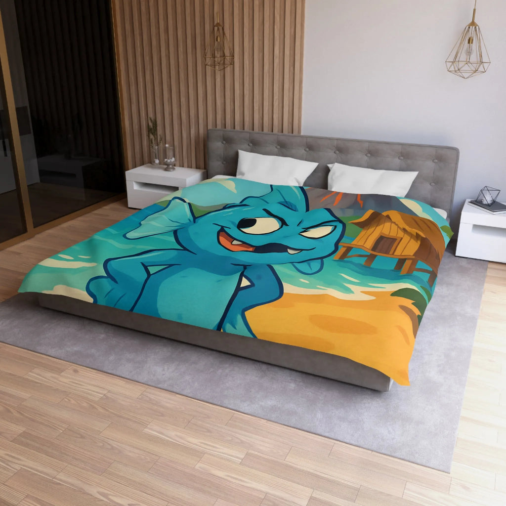 Housse de couette île tropicale avec poisson bleu et volcan en arrière-plan