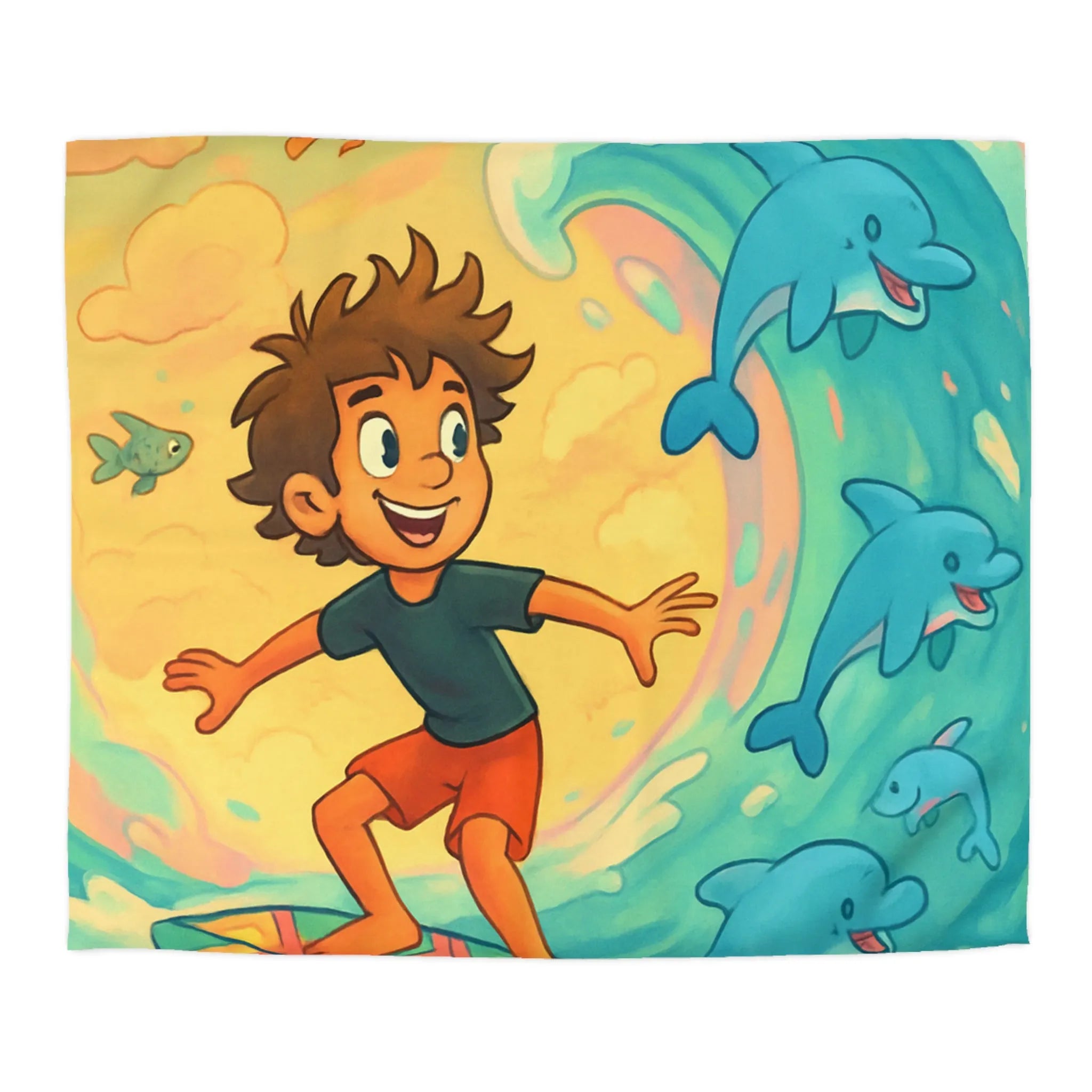 Housse de couette enfantine avec surf, dauphins joyeux et couleurs vives, ambiance océane