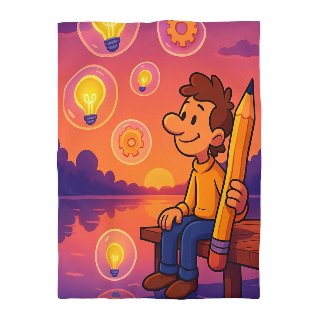 Housse de Couette Créative Avec Personnage Dessinant au Couchant et Ampoules Inspirantes