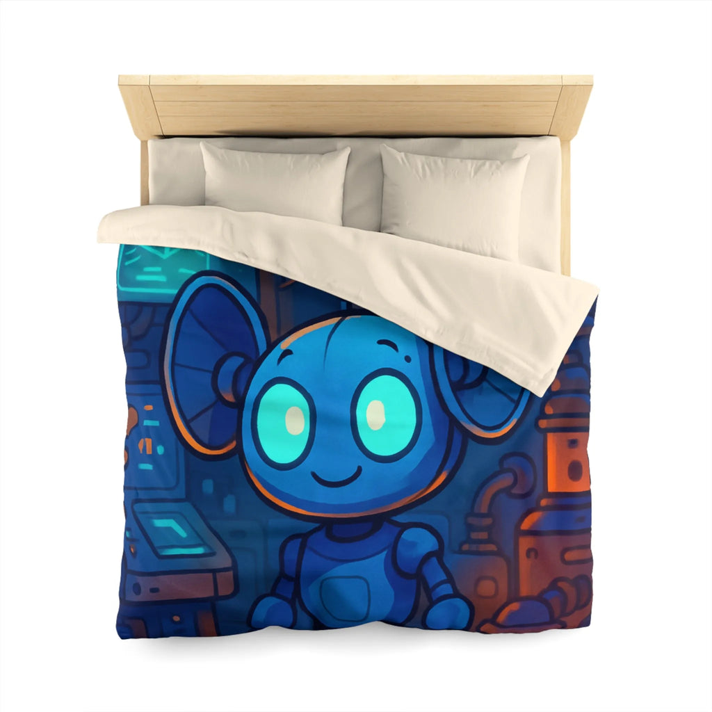 Housse de couette enfant motif robot mignon bleu dans laboratoire futuriste nuit