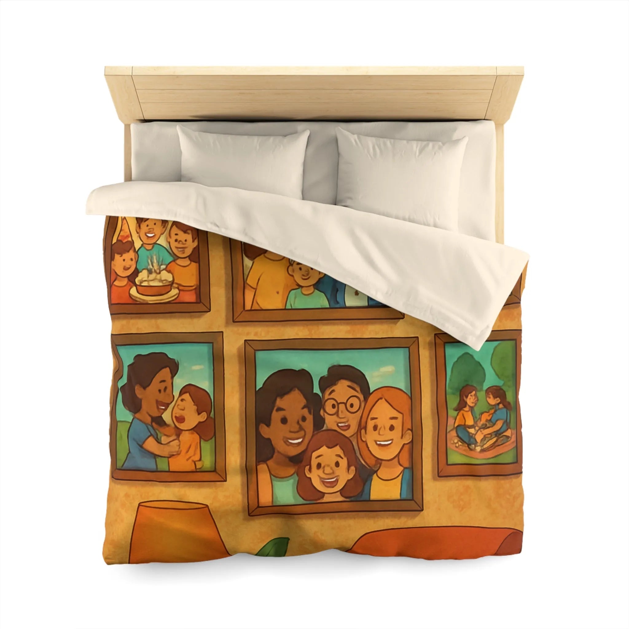 Housse de Couette Famille Heureuse avec Cadres Photo et Éléments Vintage pour Chambre