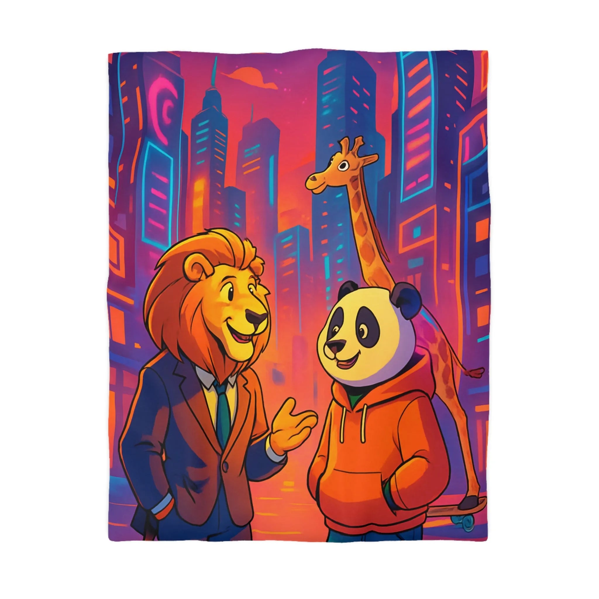 Housse de couette colorée avec lion et panda en costume urbain de ville futuriste