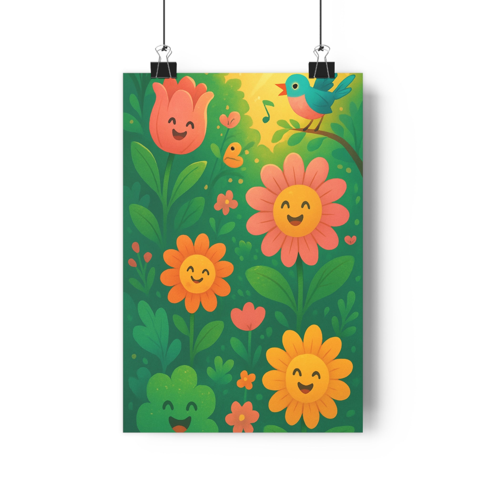 Poster décoratif jardin joyeux coloré fleurs cartoon chambre enfant ambiance ludique tulipes marguerites verts