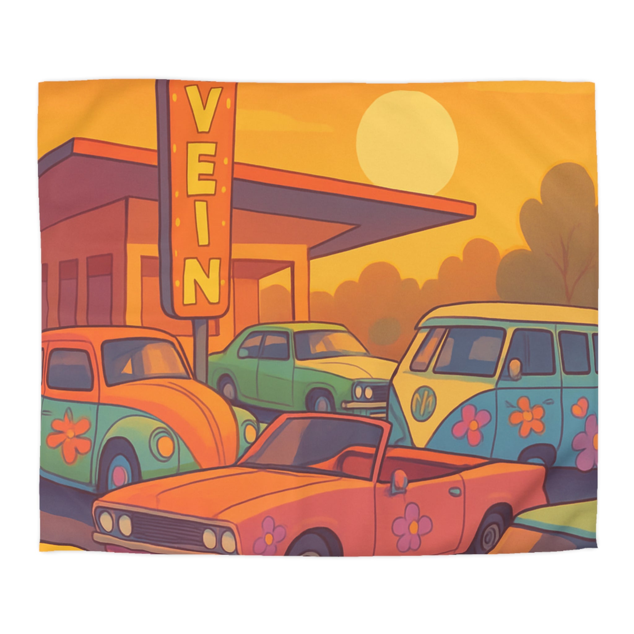 Vintage Style Housse de Couette Avec Anciennes Voitures et Coucher de Soleil Orange