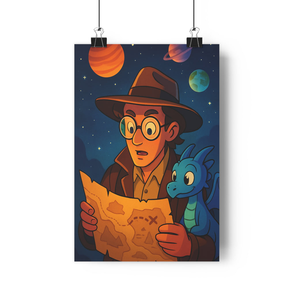 Poster décoratif explorateur dragon bleu vert orange enfant aventure magique cartoon murale chambre mystérieux