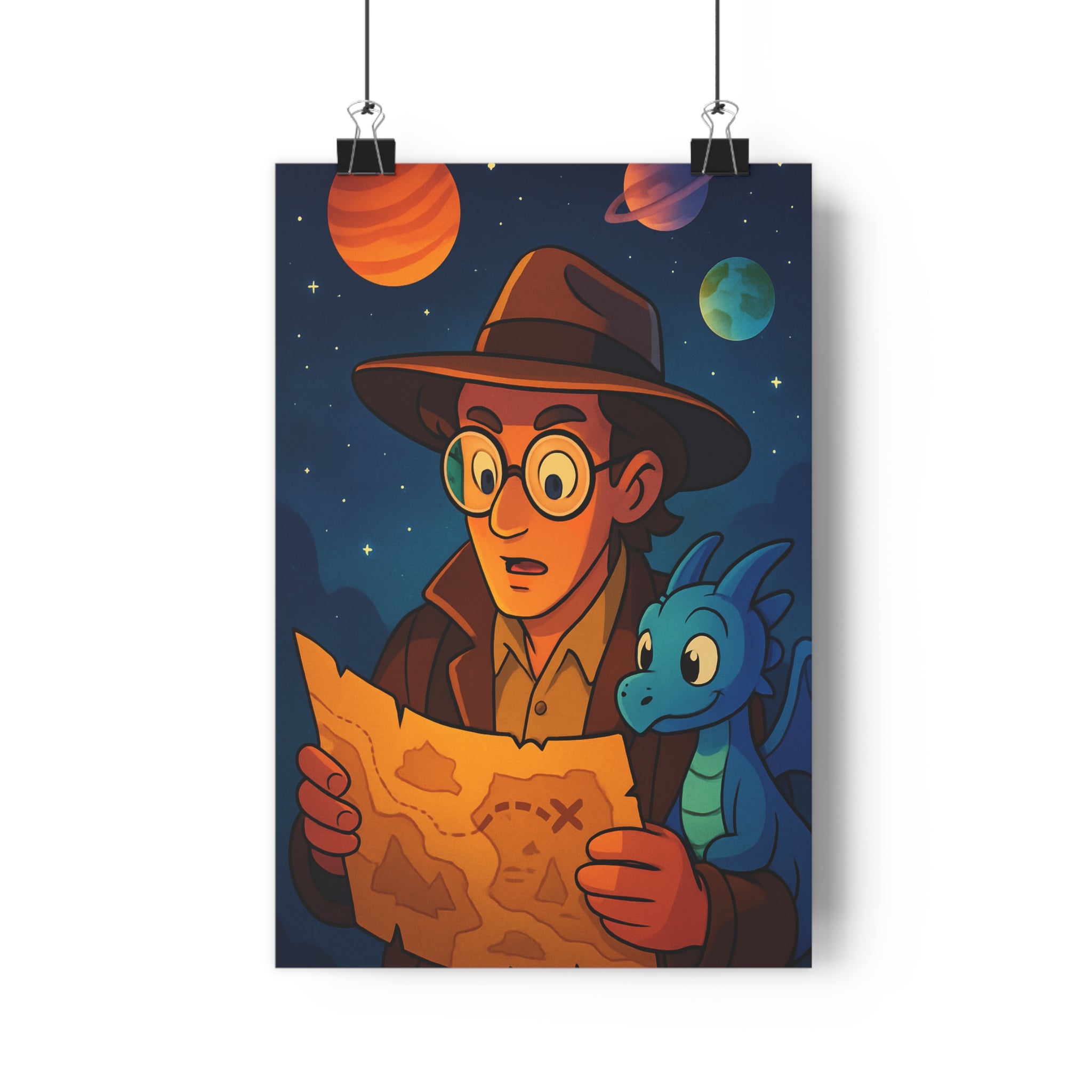 Poster décoratif explorateur dragon bleu vert orange enfant aventure magique cartoon murale chambre mystérieux