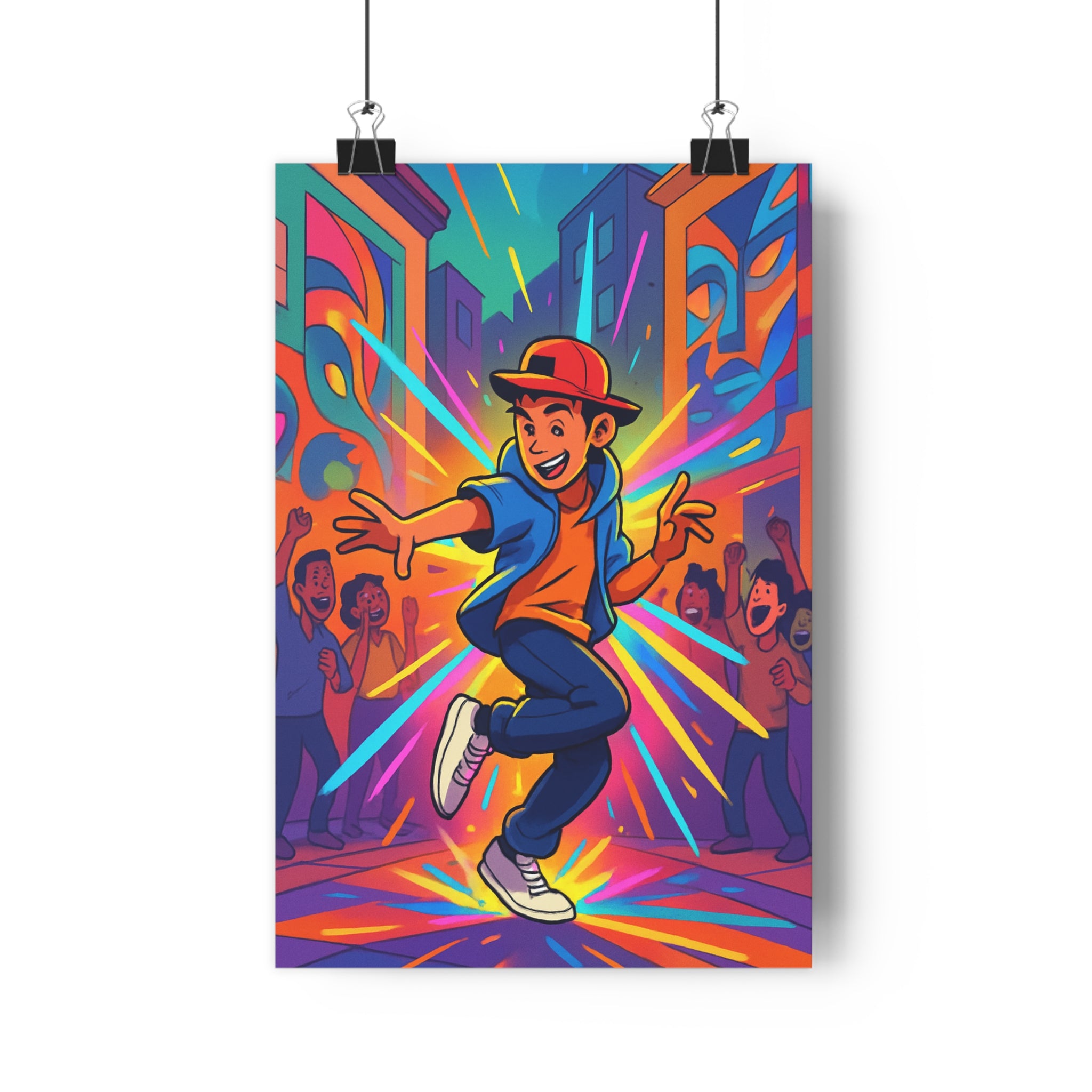 Poster décoratif anime dynamique bleu orange rose vibrant chambre salon moderne ambiance festive qualité