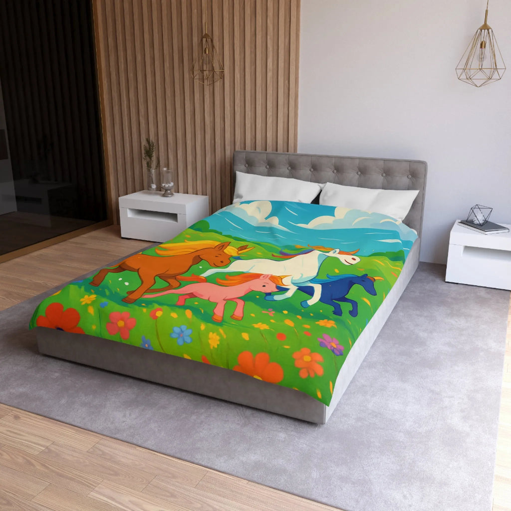 Housse de couette colorée avec prairies luxuriantes et chevaux arc-en-ciel en galop