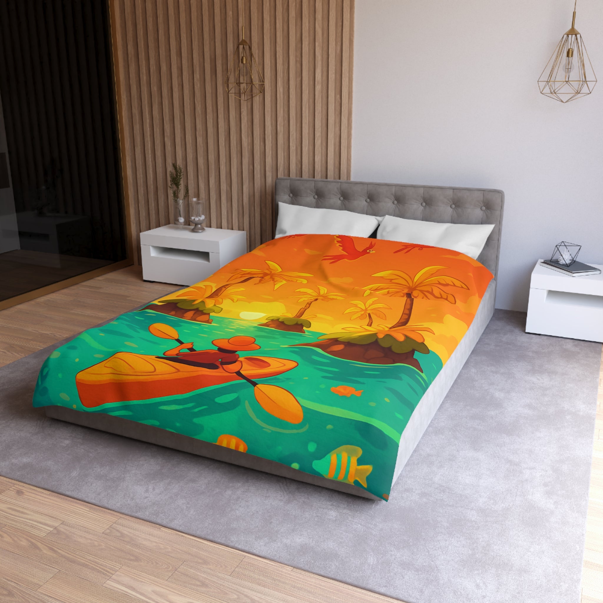 Housse de couette tropicale vibrante avec kayak, palmiers et perroquets au coucher de soleil
