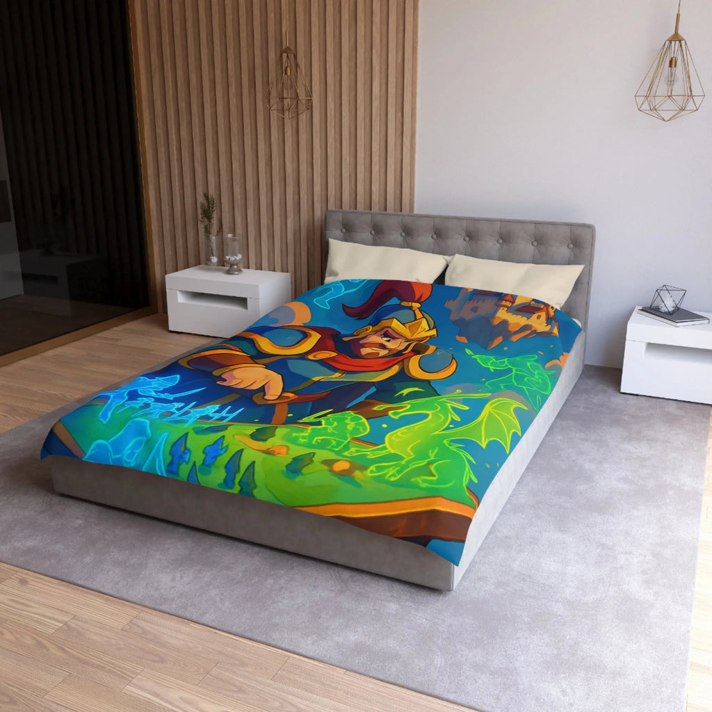 Housse de couette épique guerriers médiévaux et dragon sur plateau de jeu fantastique