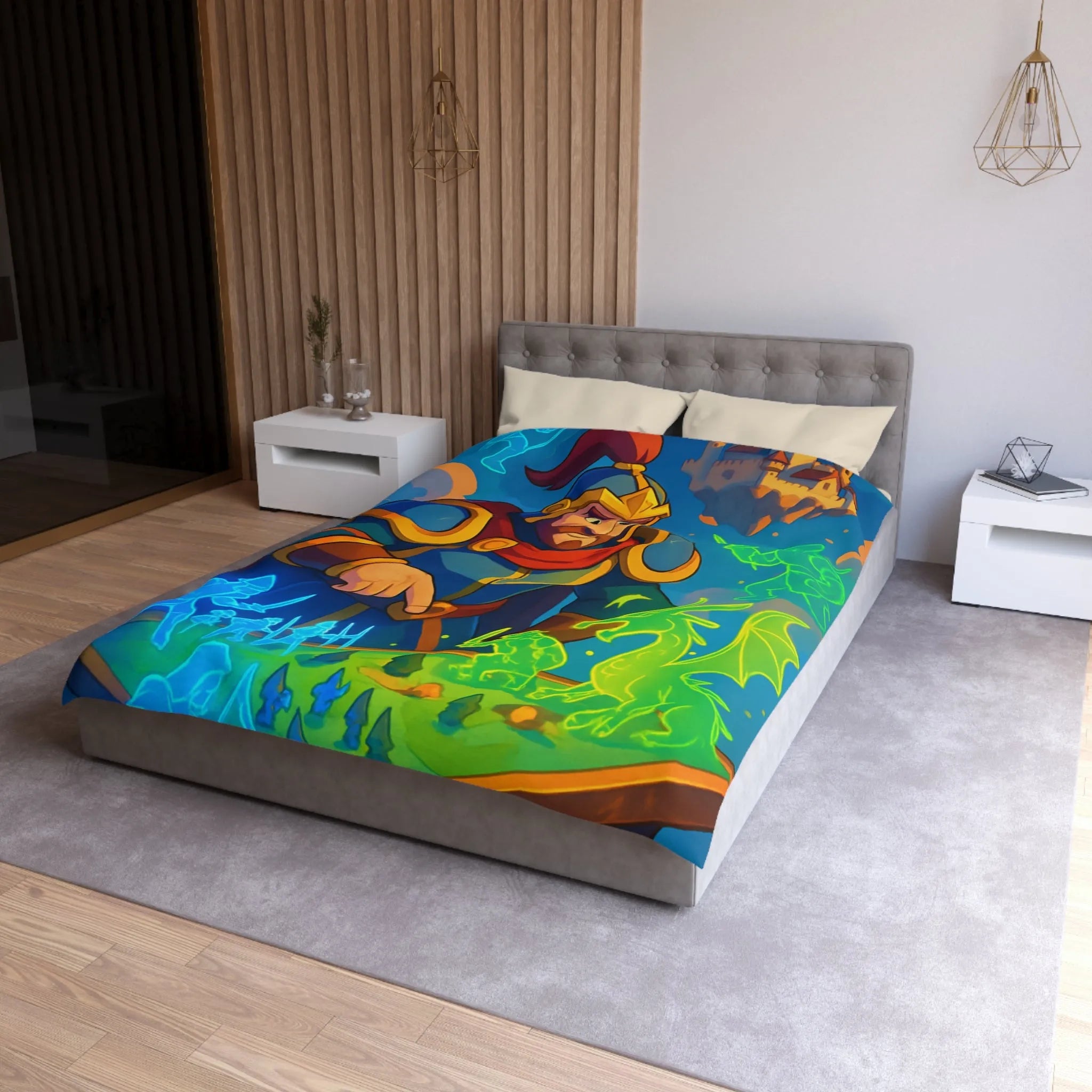 Housse de couette épique guerriers médiévaux et dragon sur plateau de jeu fantastique