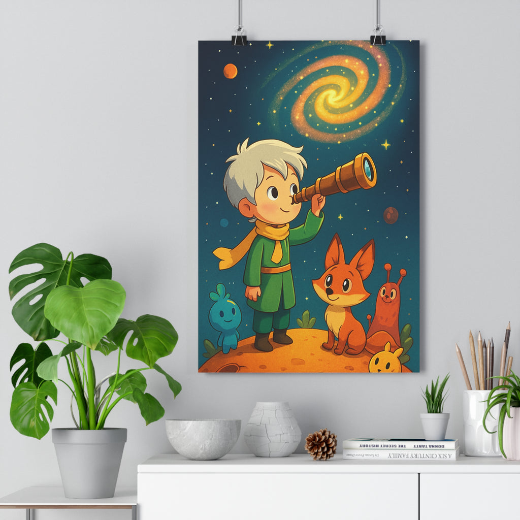 Poster décoratif aventurier cheveux blancs vert jaune renard orange créatures colorées galaxie étoilée enfant