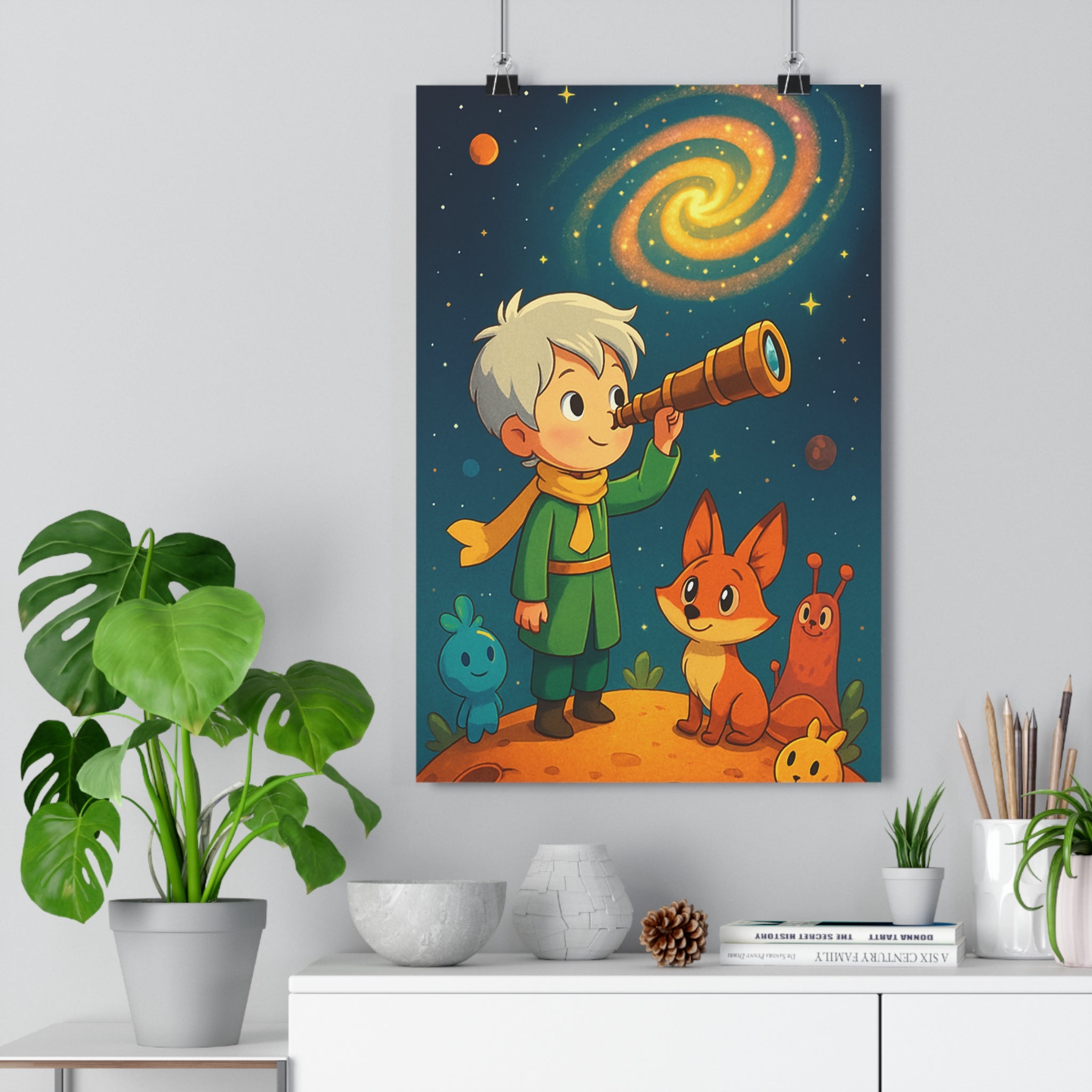 Poster décoratif aventurier cheveux blancs vert jaune renard orange créatures colorées galaxie étoilée enfant