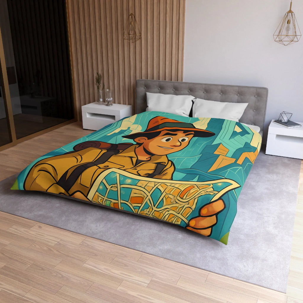 Découverte urbaine vibrante : jeune explorateur avec carte et gratte-ciels illustrés