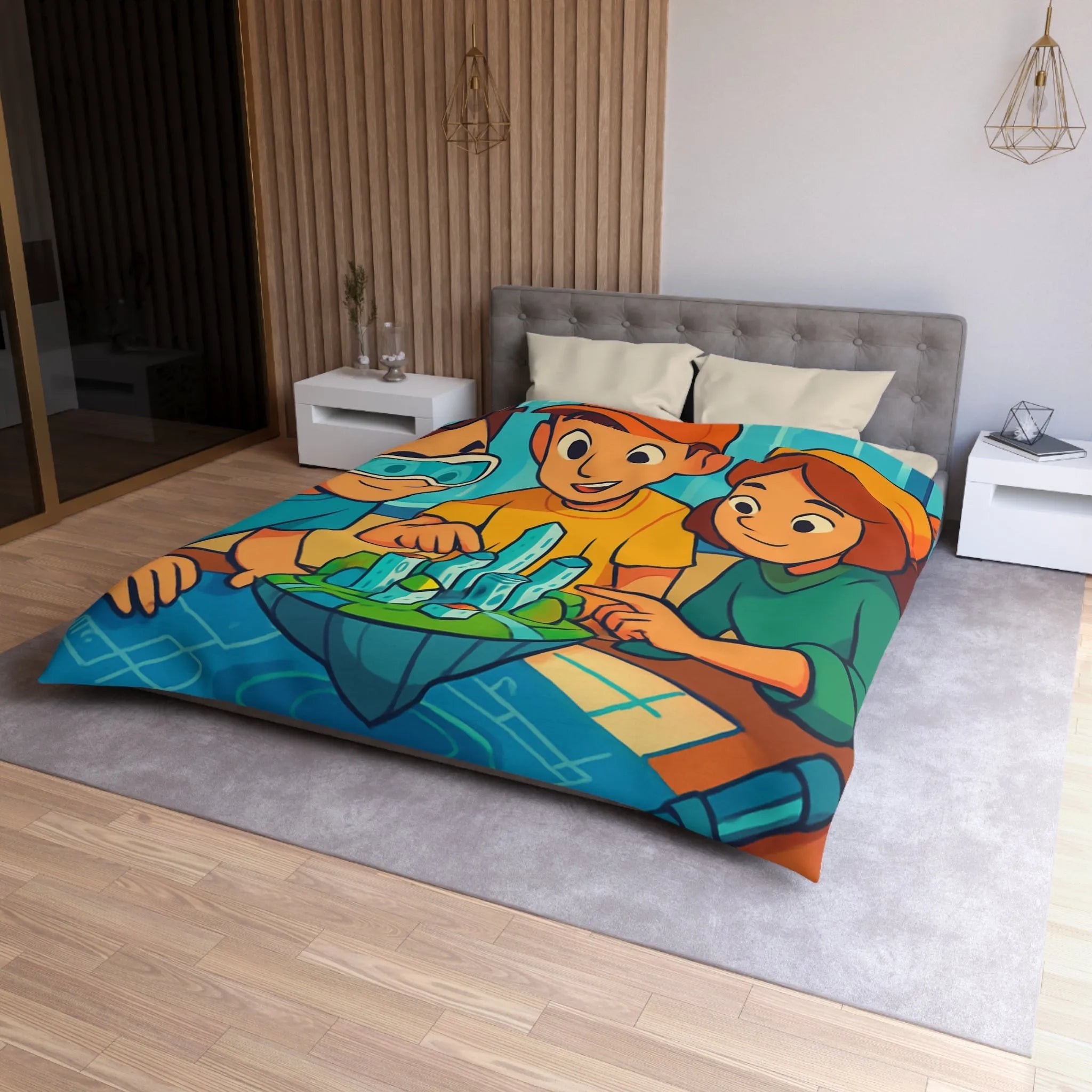 Housse de couette avec design futuriste ludique, enfants explorant une ville miniature colorée