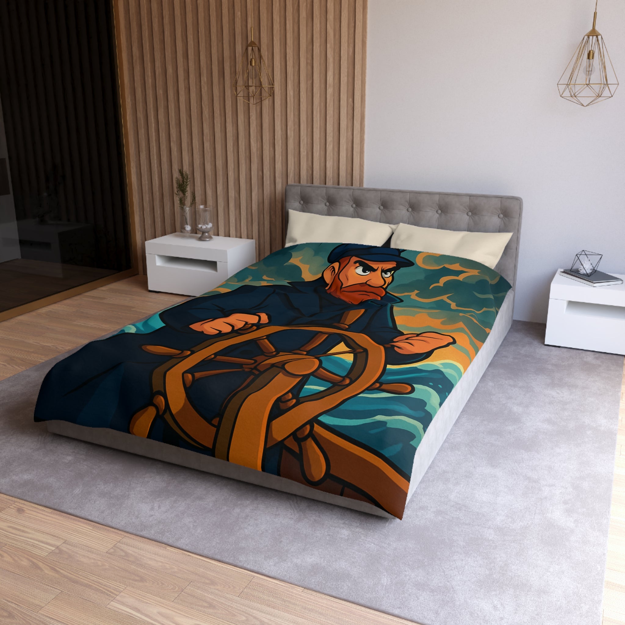Housse de couette motif marin : capitaine courageux naviguant tempête en mer déchaînée