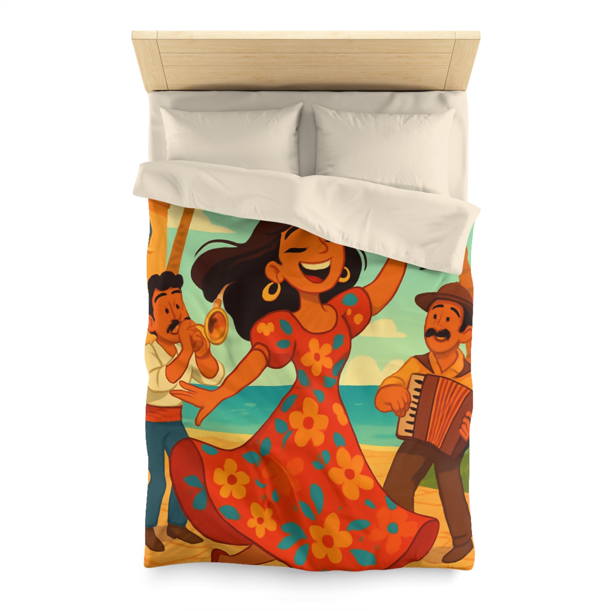 Housse de couette tropicale colorée avec danseuse et musiciens, ambiance joyeuse et festive