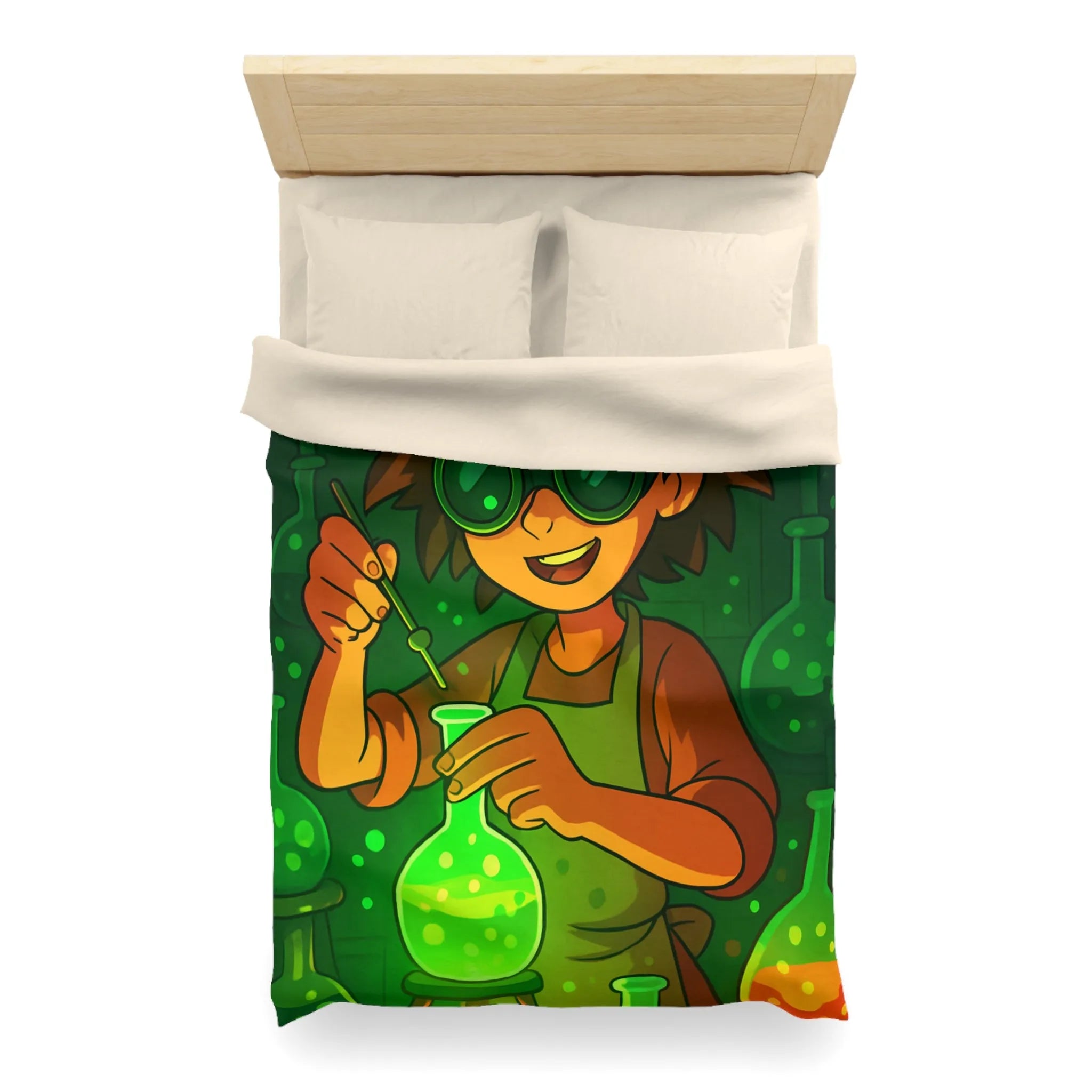 Housse de couette colorée avec un jeune chimiste dans un laboratoire mystérieux et magique