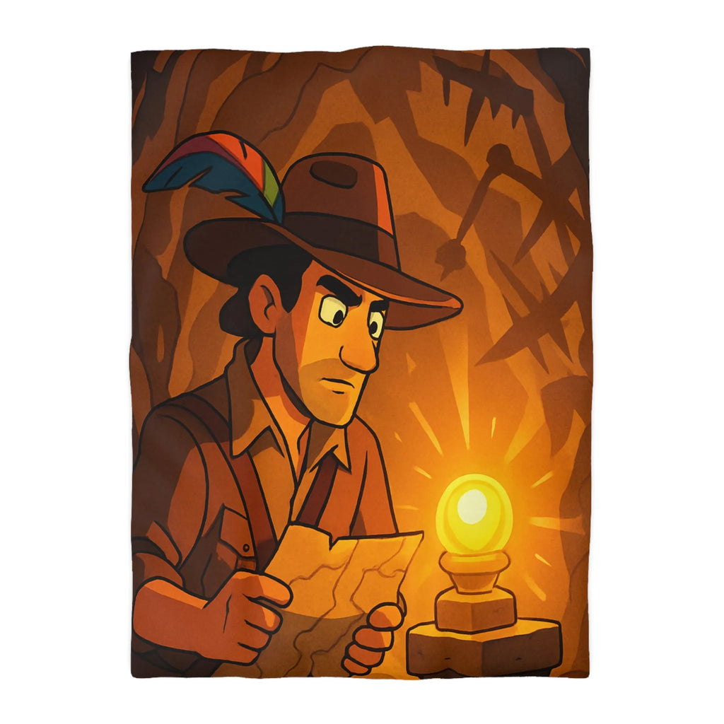 Housse de couette exploration mystérieuse avec lumière dorée et carte ancienne