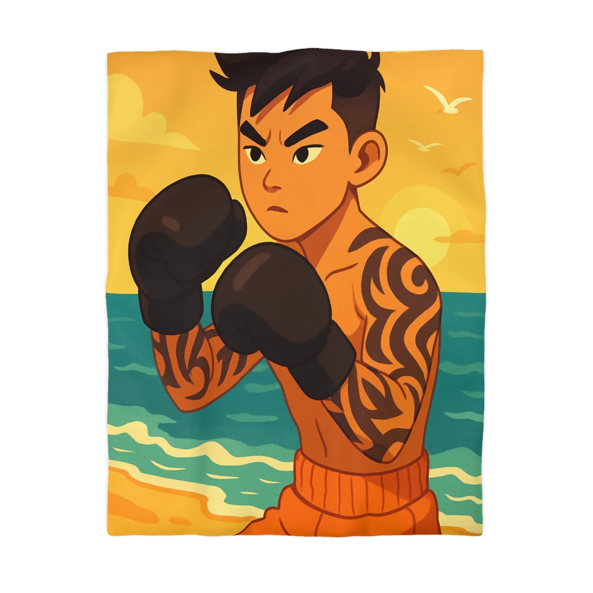 Housse de Couette Boxeur sur Plage Tropicale avec Coucher de Soleil et Mouettes Volantes