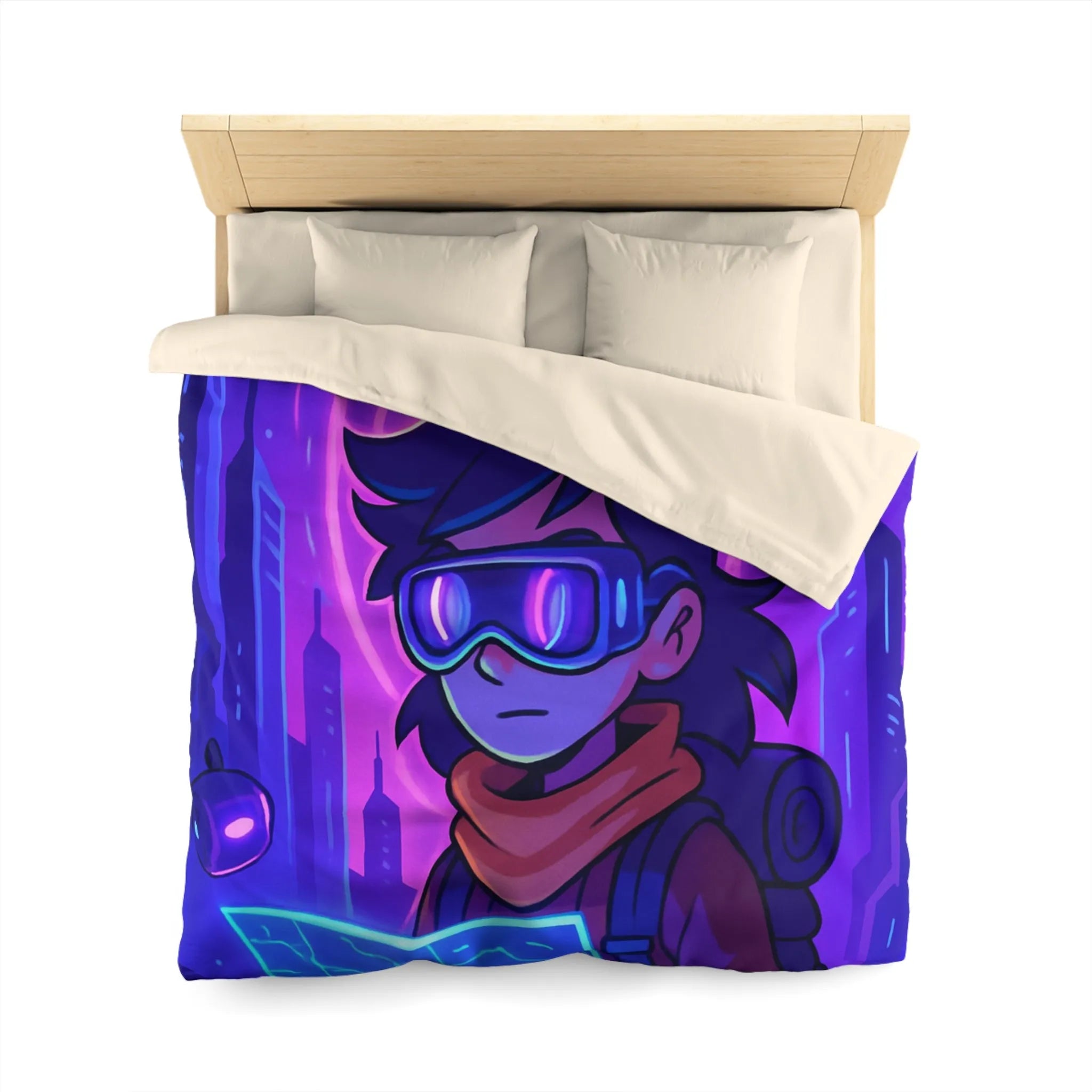 Housse de couette bleue violette style futuriste avec personnage et carte néon