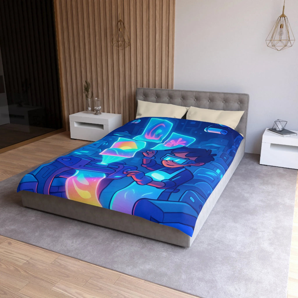 Housse de couette avec design futuriste lumineux d'imprimante et personnage créatif