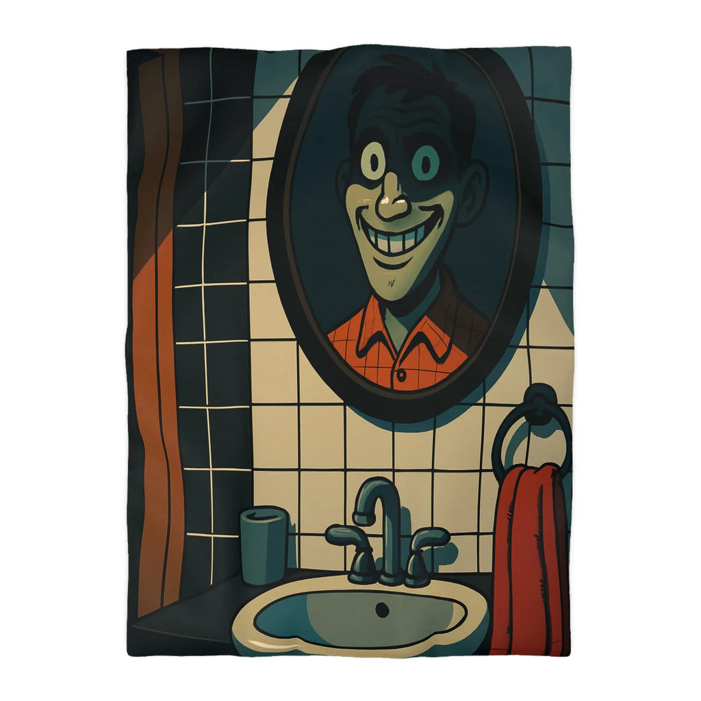 Housse de couette graphique avec dessin animé miroir effrayant et carreaux de salle de bain