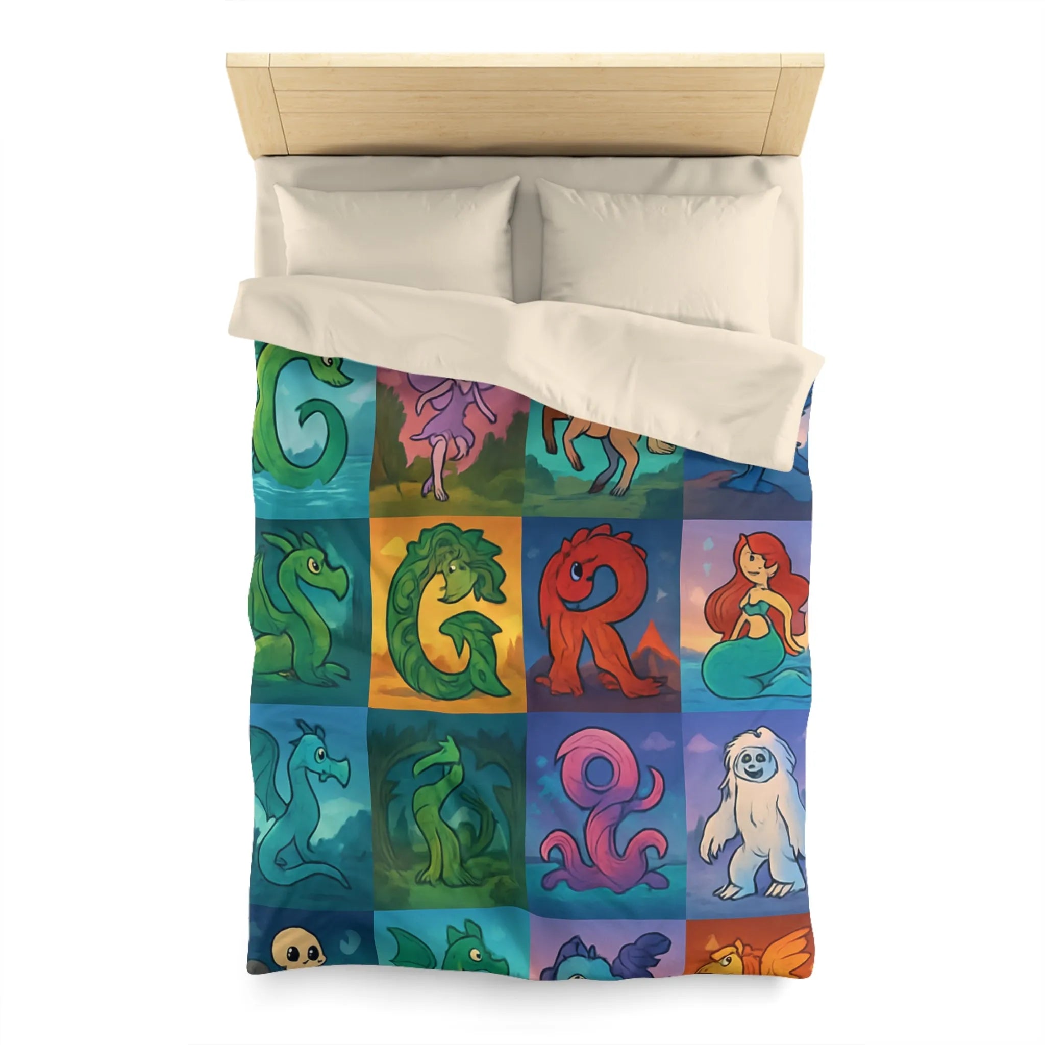 Housse de couette enchantée avec lettres magiques et créatures mythiques colorées