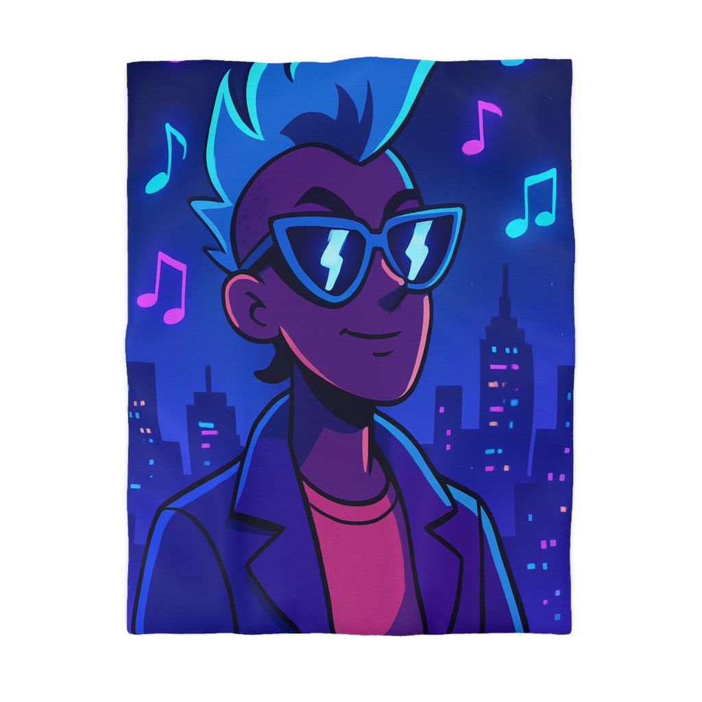 Housse de Couette Personnalisée avec Art de Ville Nocturne et Musicien Stylé Électrique