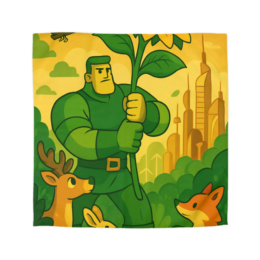 Housse de couette avec illustration végétale et animaux dans une ambiance futuriste naturelle