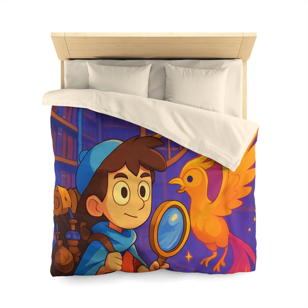 Housse de couette magique avec détective et phénix dans une bibliothèque enchanteresse