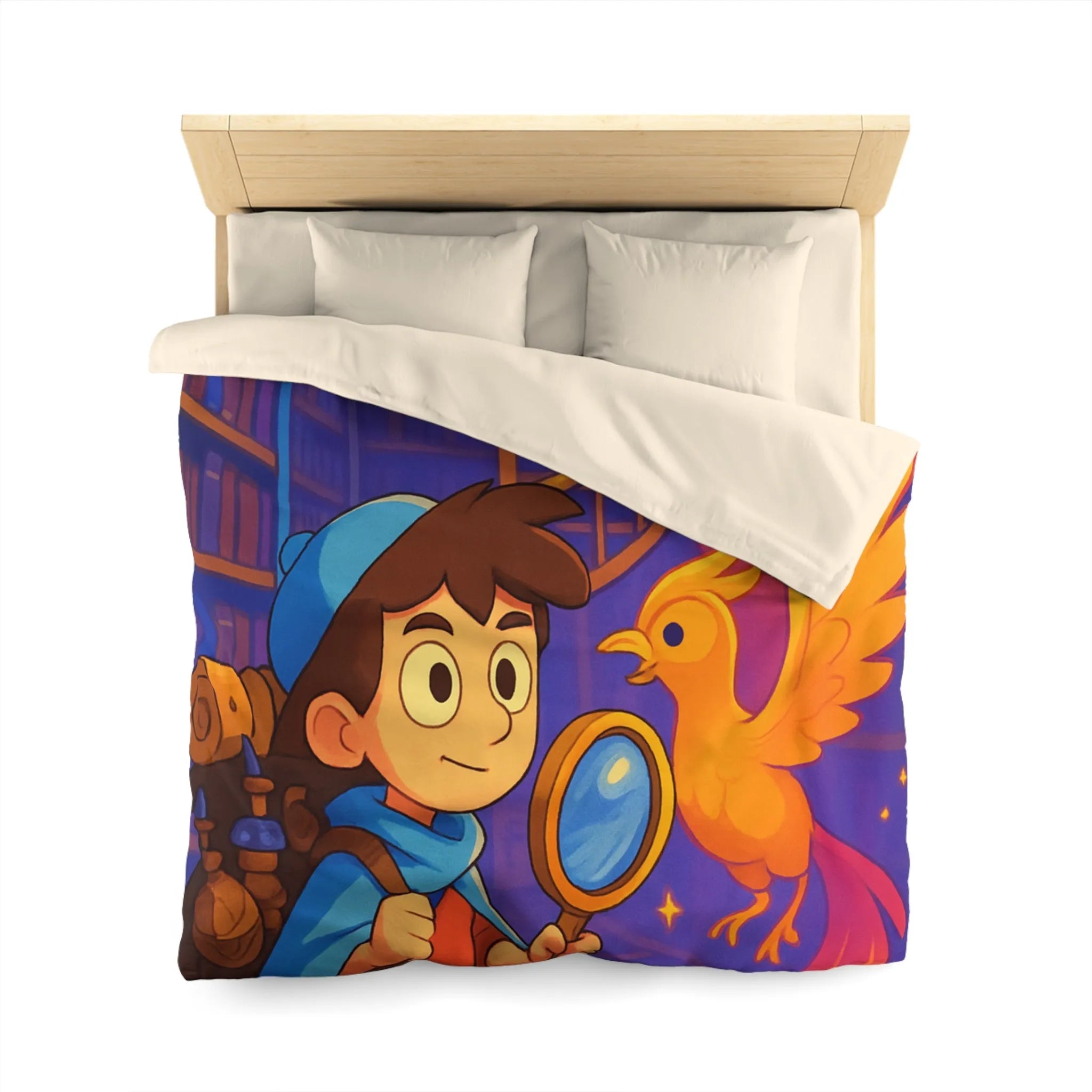 Housse de couette magique avec détective et phénix dans une bibliothèque enchanteresse